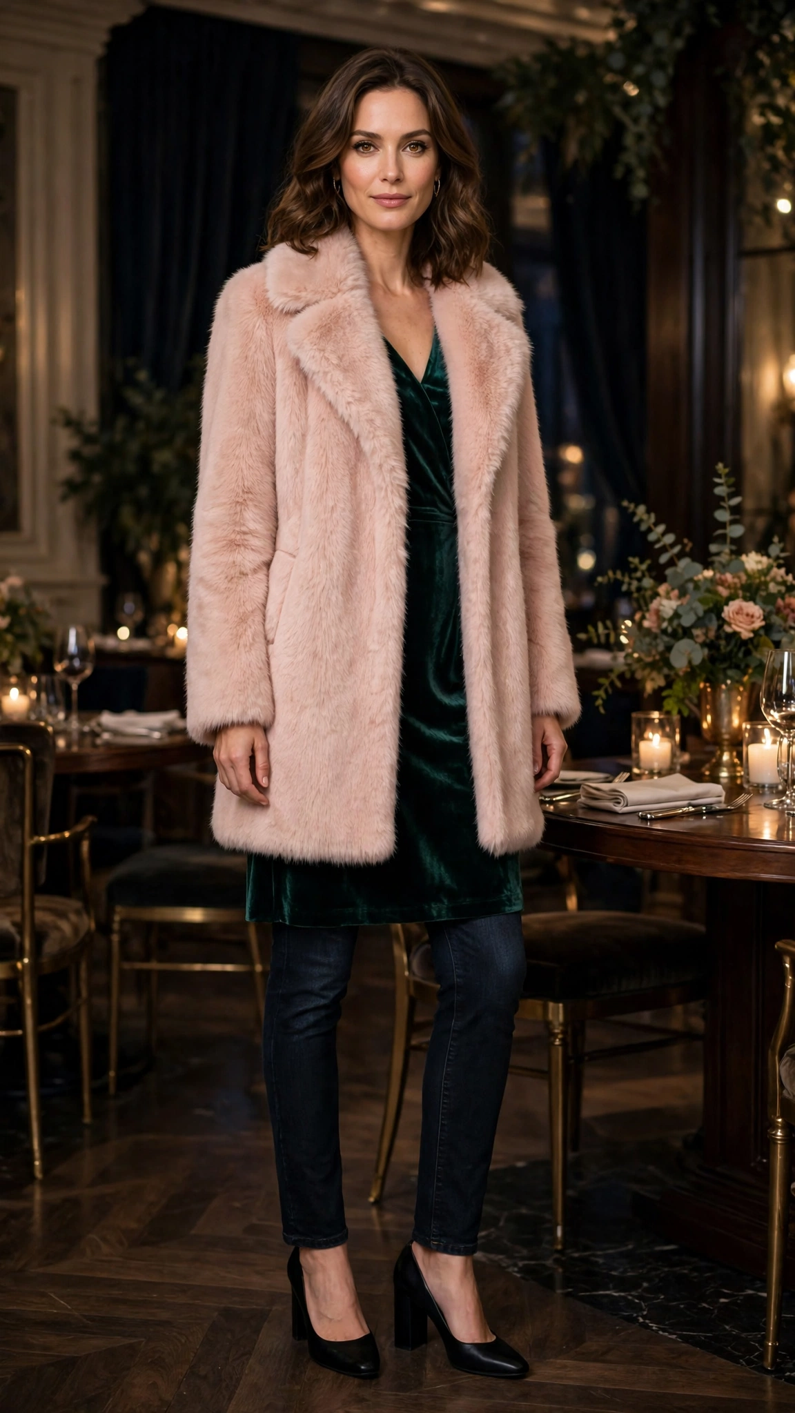 Blush Pink Faux Fur Collar Coat with dark jeans