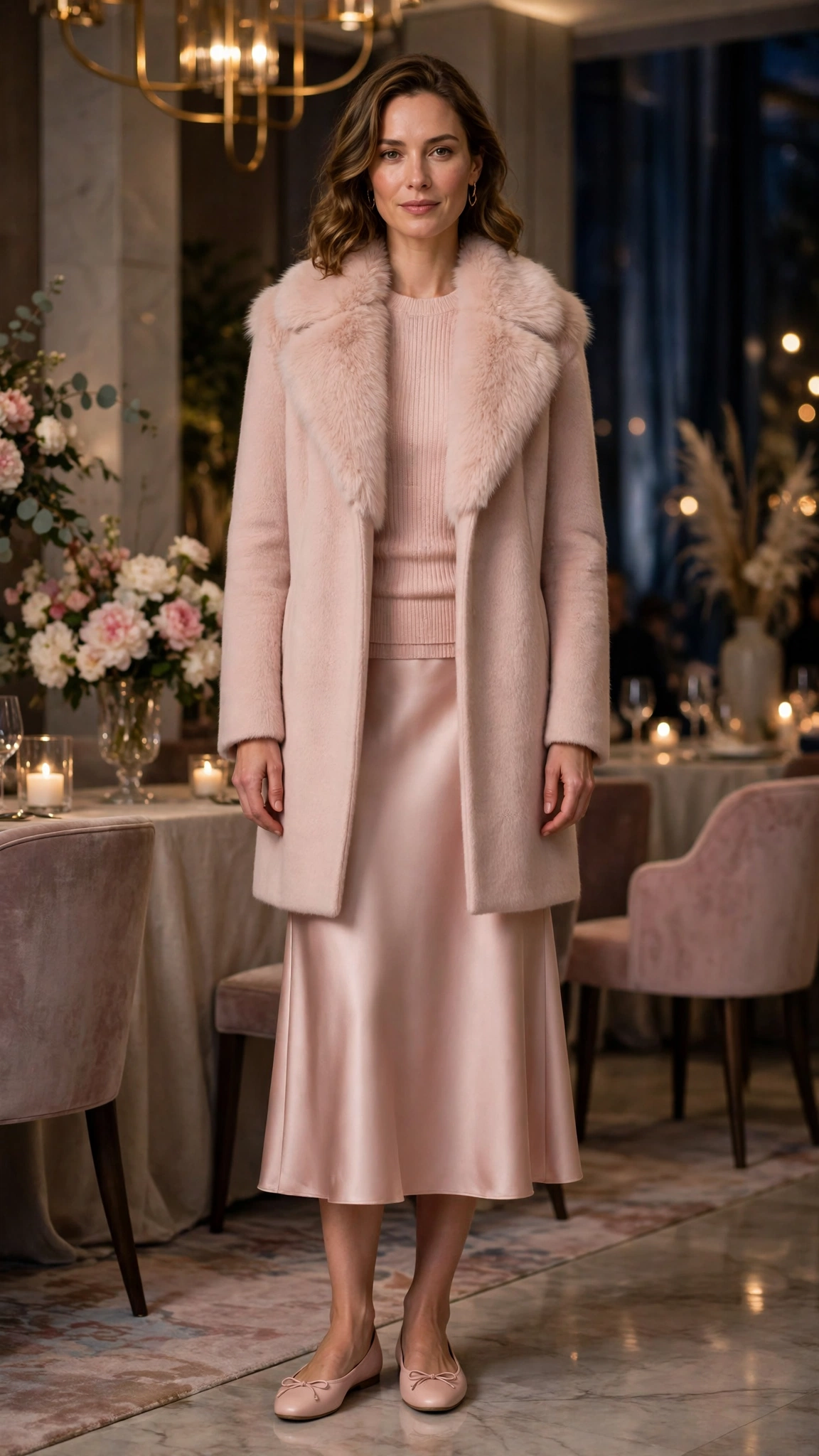 Blush Pink Faux Fur Collar Coat with a satin skirt