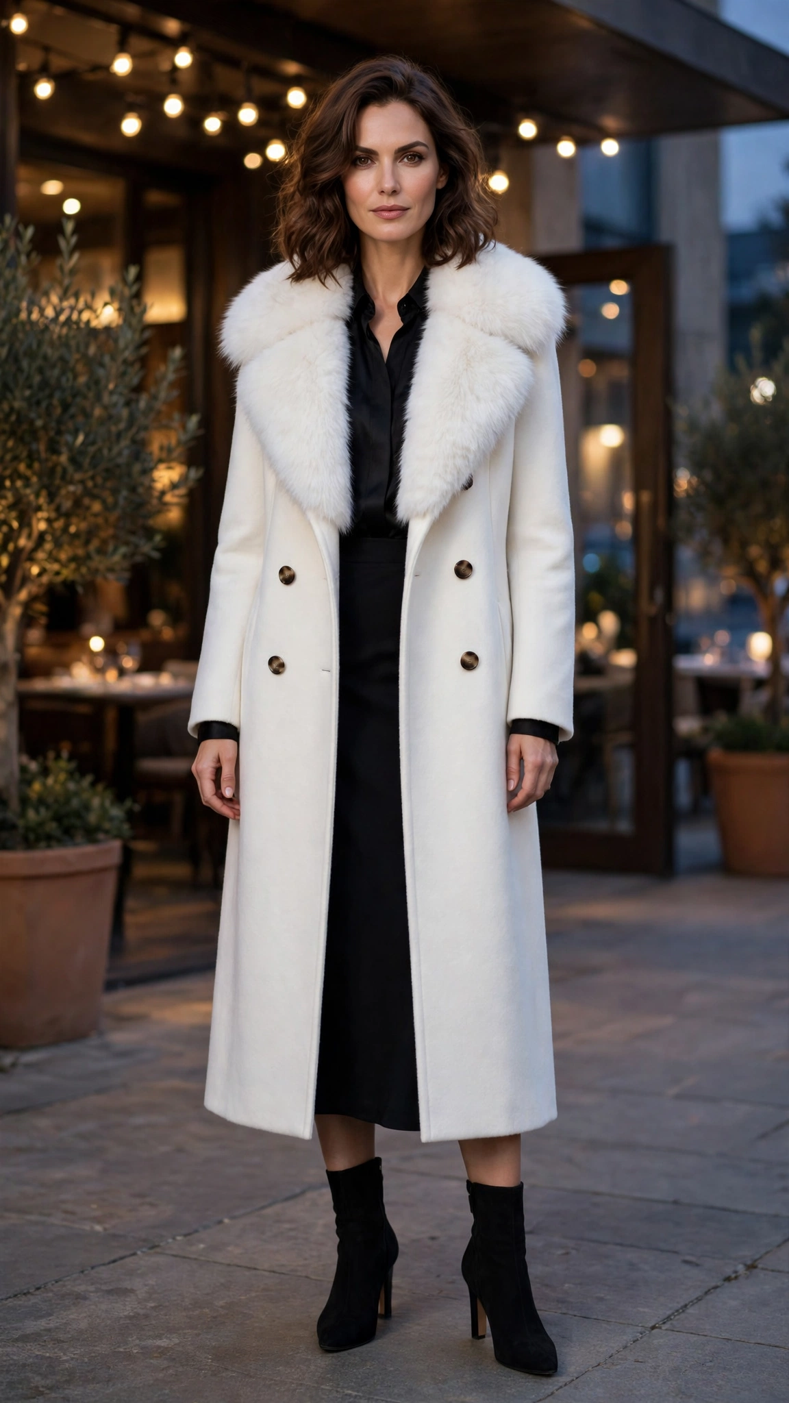 White Faux Fur Collar Coat with a black midi dress