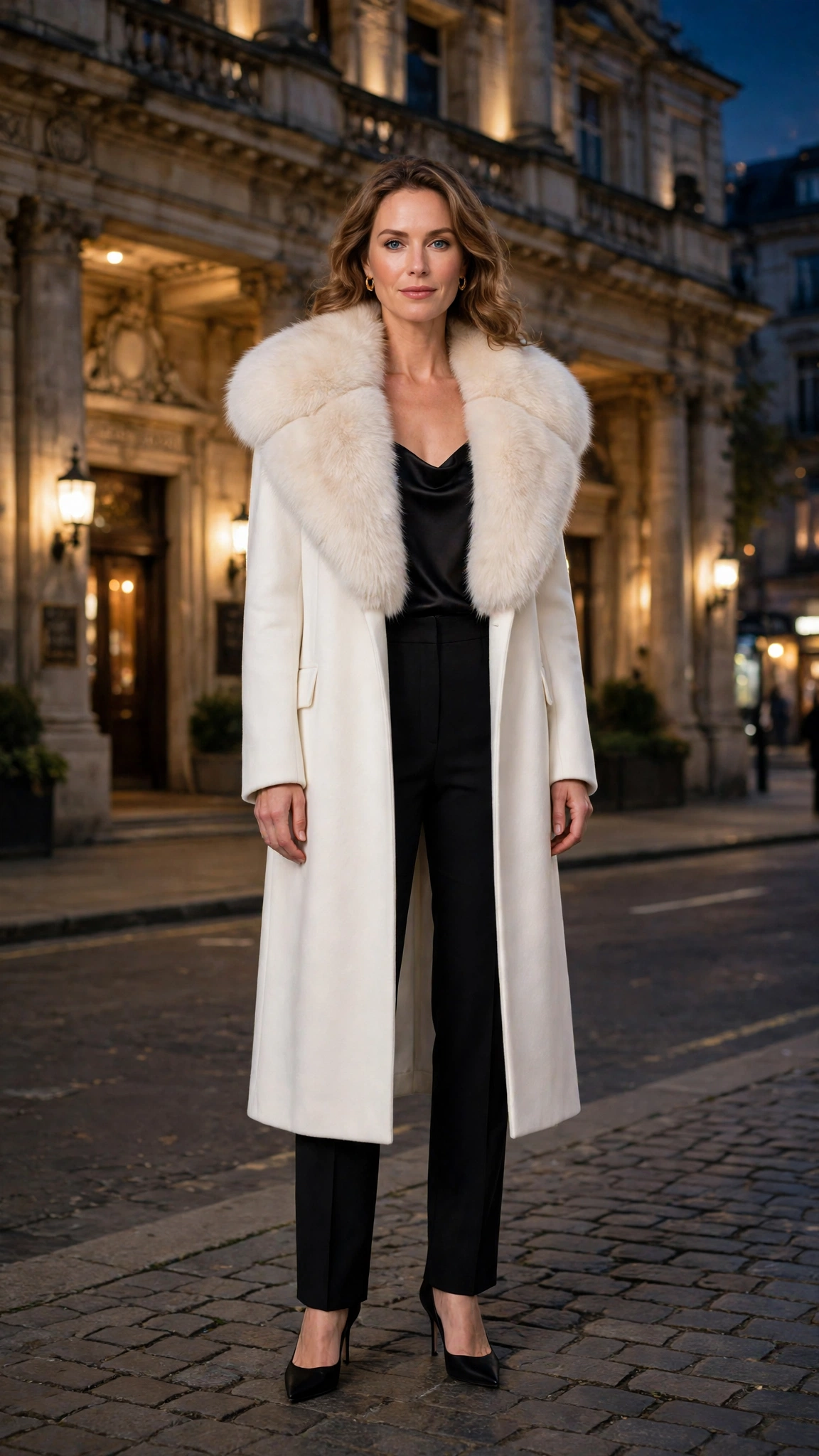 White Faux Fur Collar Coat with black trousers
