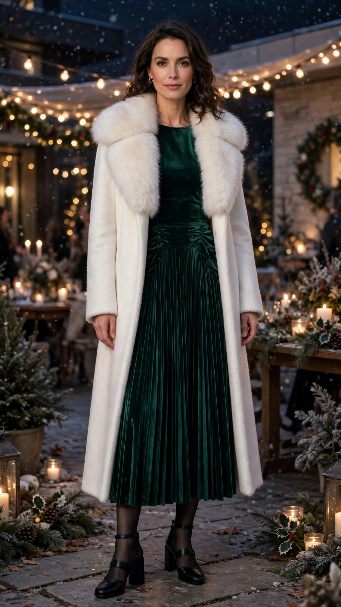 White Faux Fur Collar Coat with a pleated skirt
