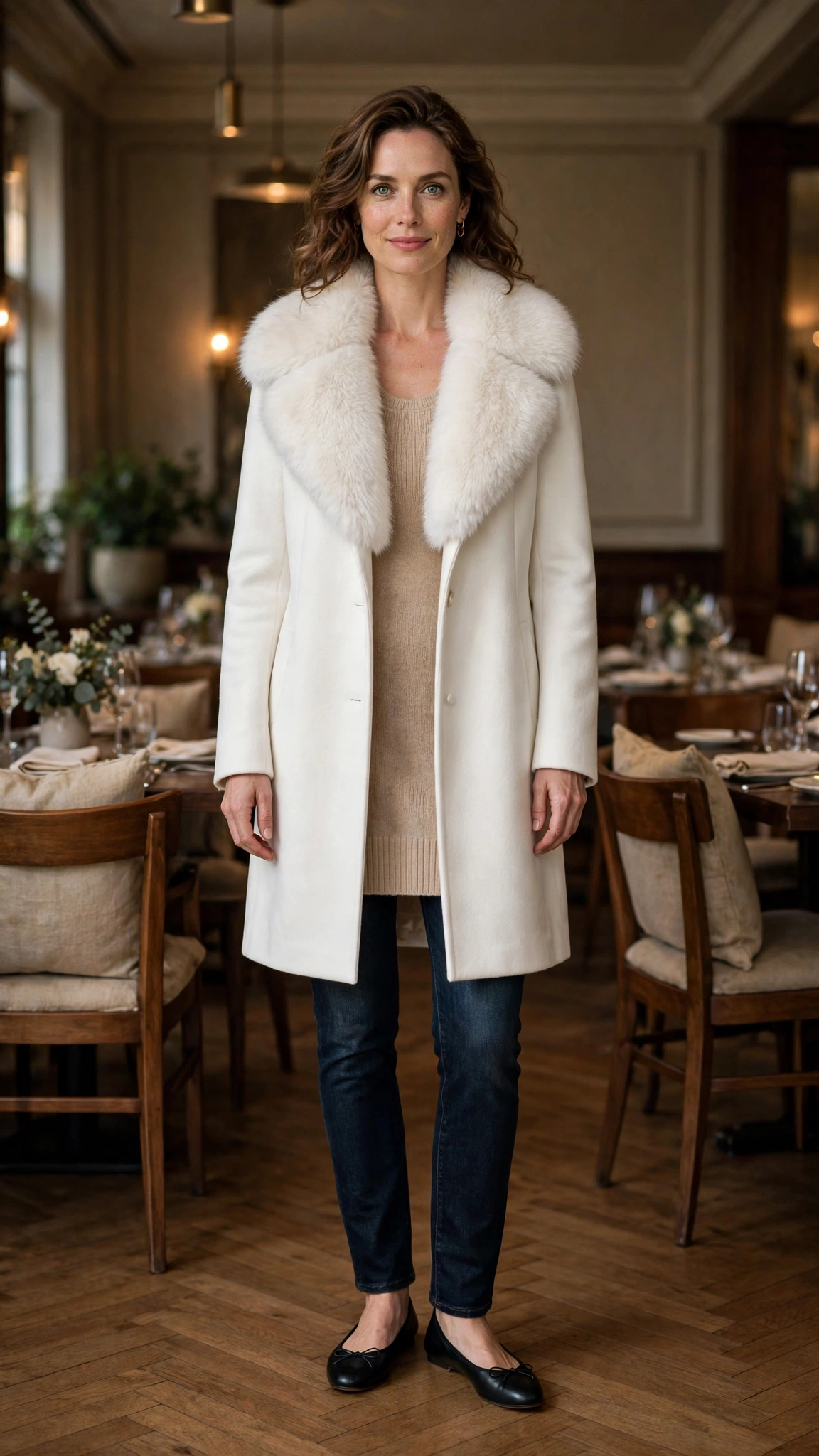 White Faux Fur Collar Coat with dark jeans