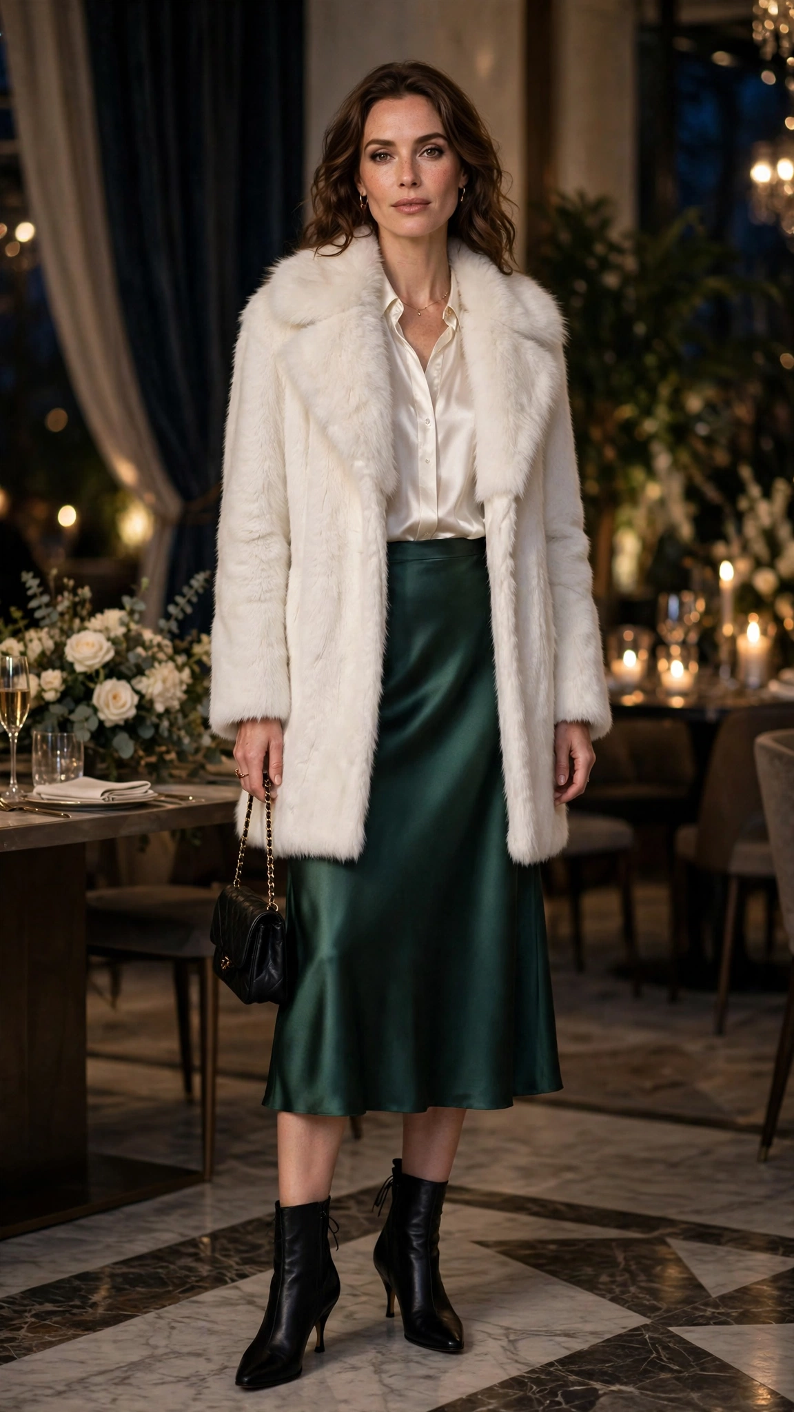 White Faux Fur Collar Coat with a satin skirt