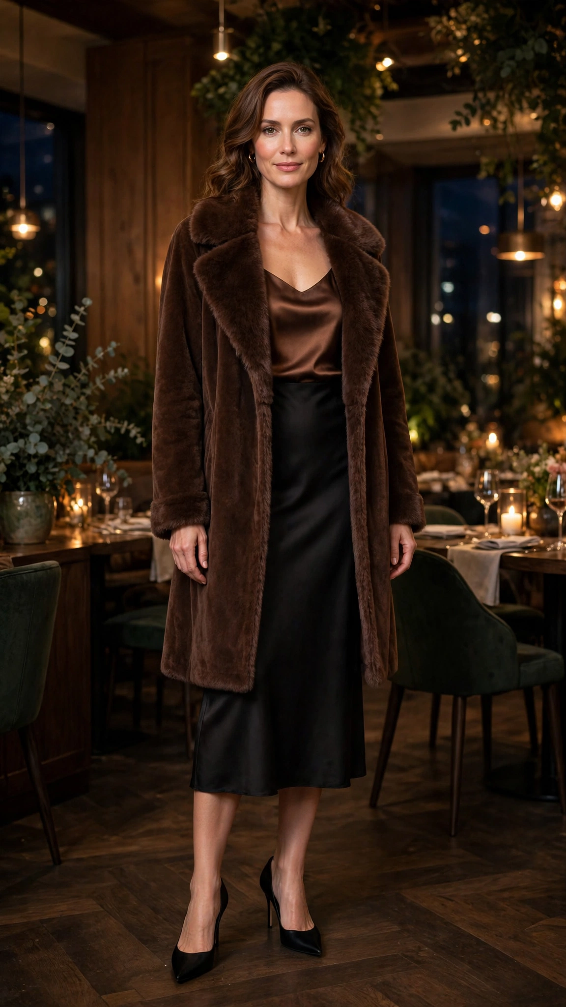 Chocolate Faux Fur Collar Coat with a black midi dress