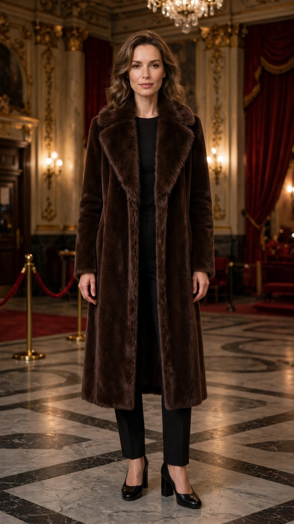 Chocolate Faux Fur Collar Coat with black trousers