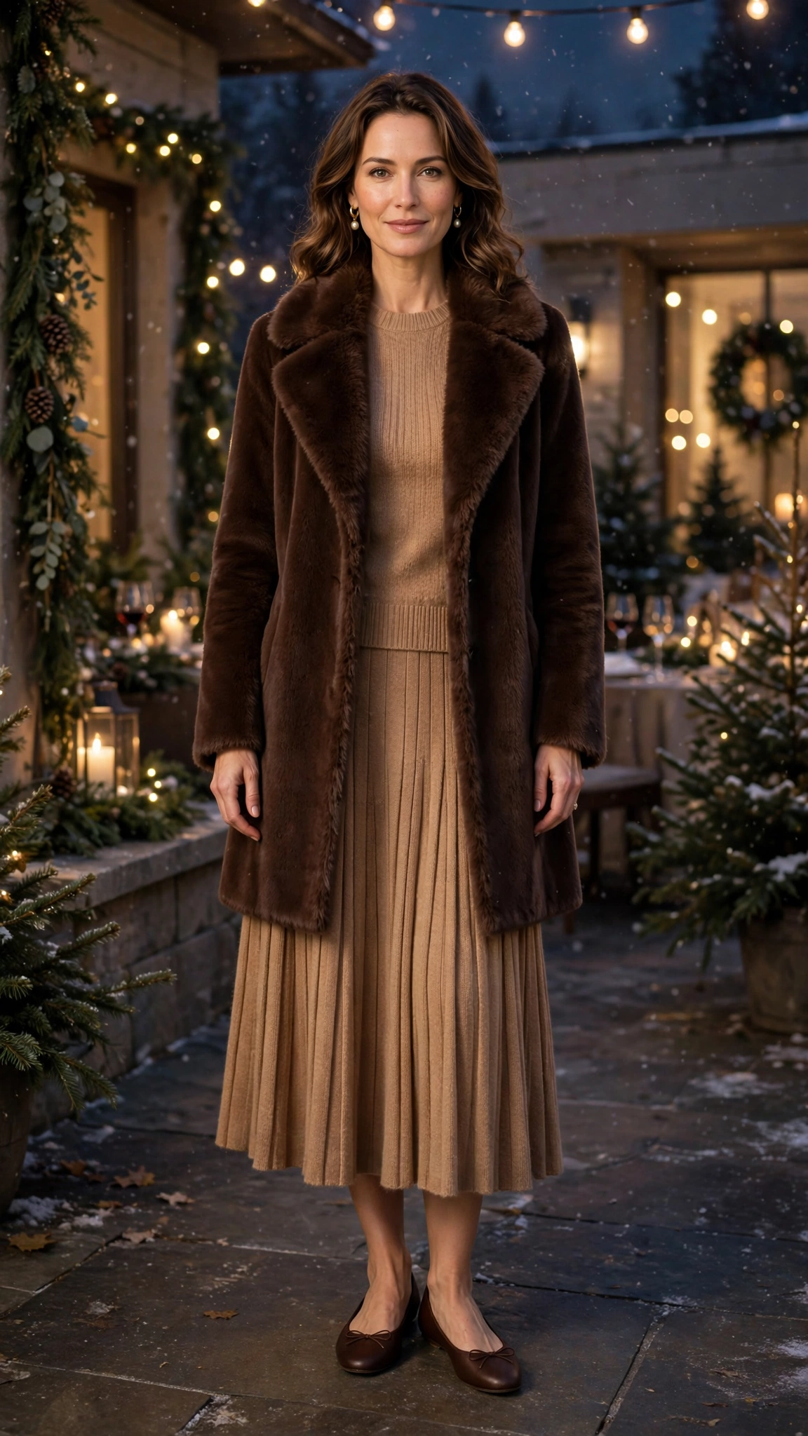 Chocolate Faux Fur Collar Coat with a pleated skirt
