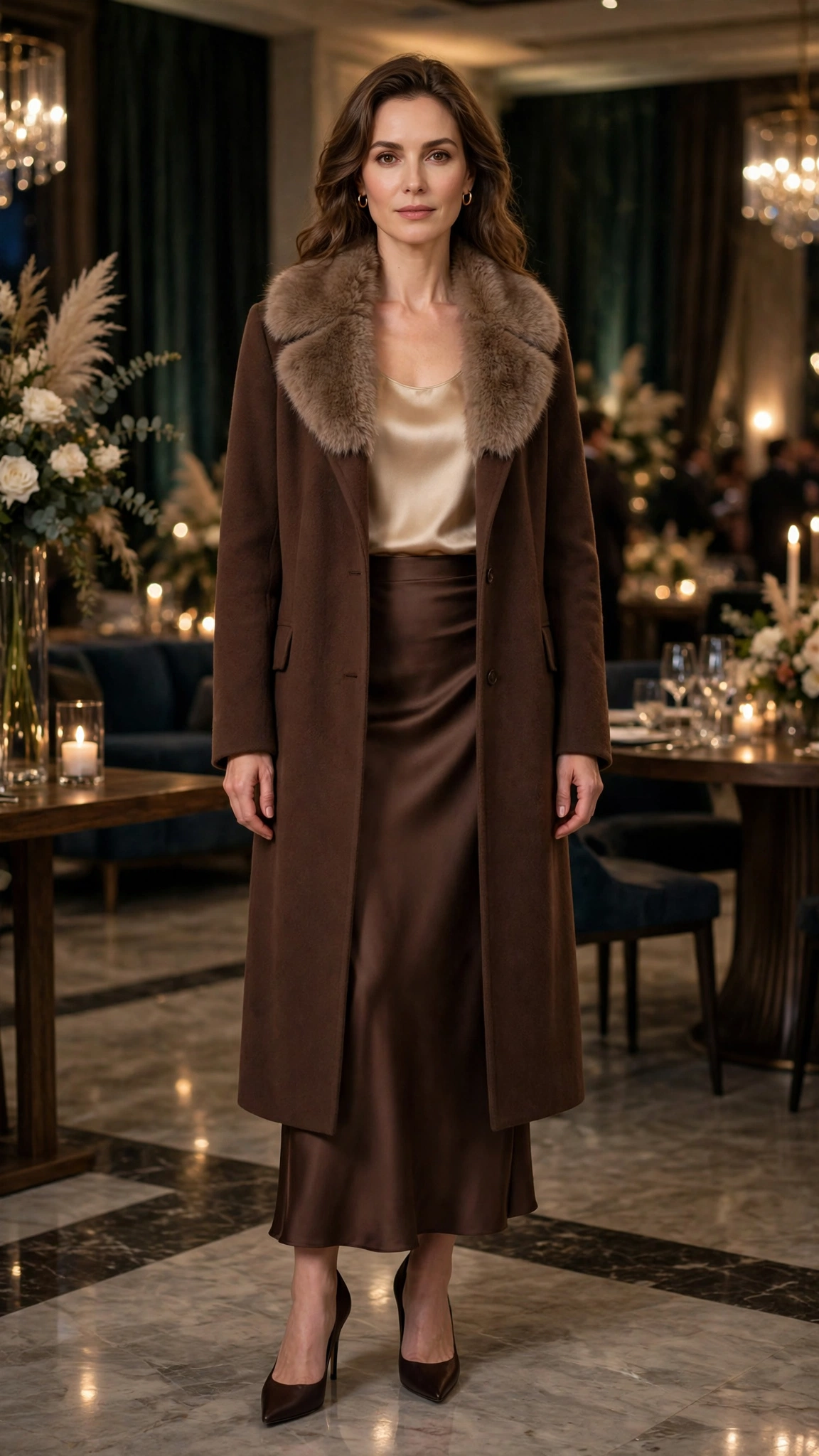 Chocolate Faux Fur Collar Coat with a satin skirt