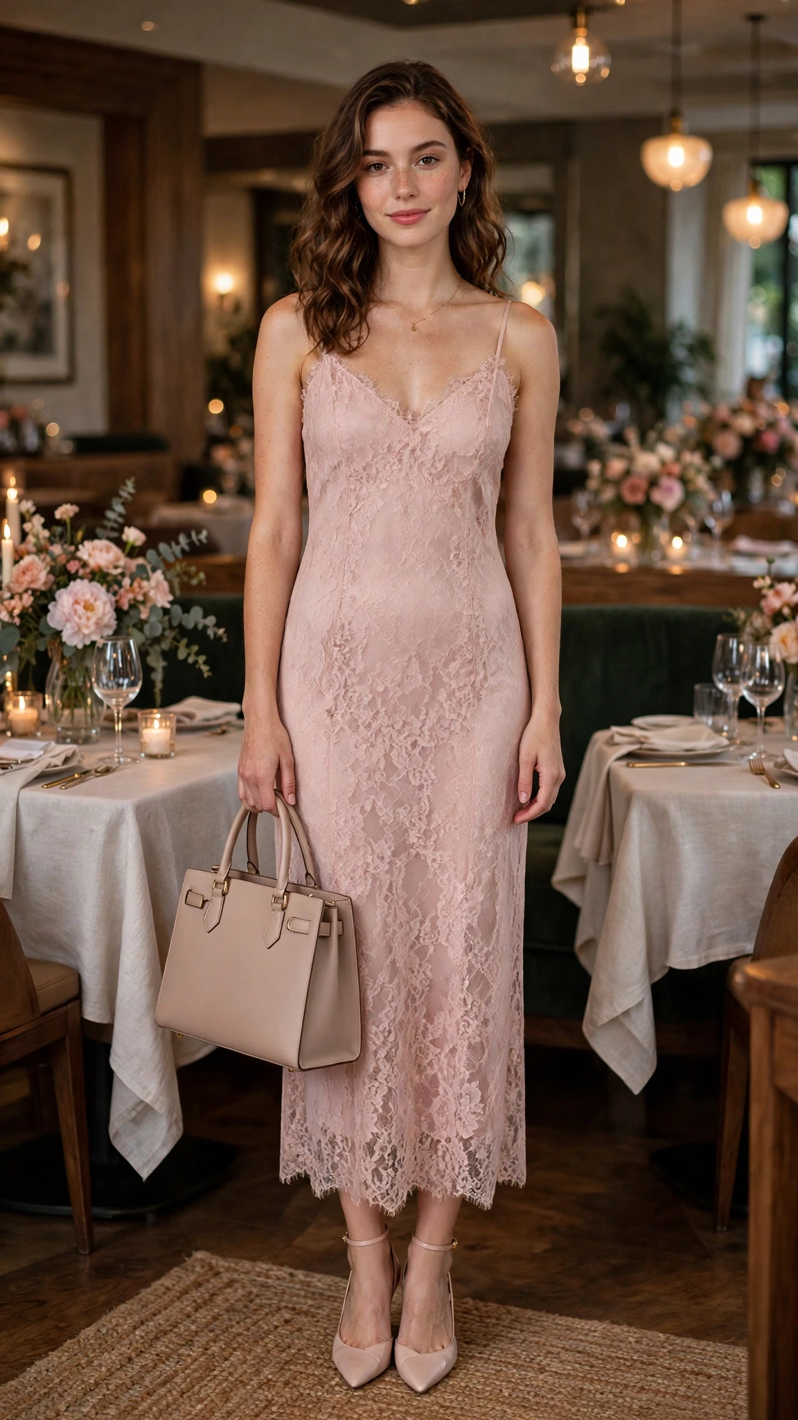 Blush Lace Slip Dress with a structured tote