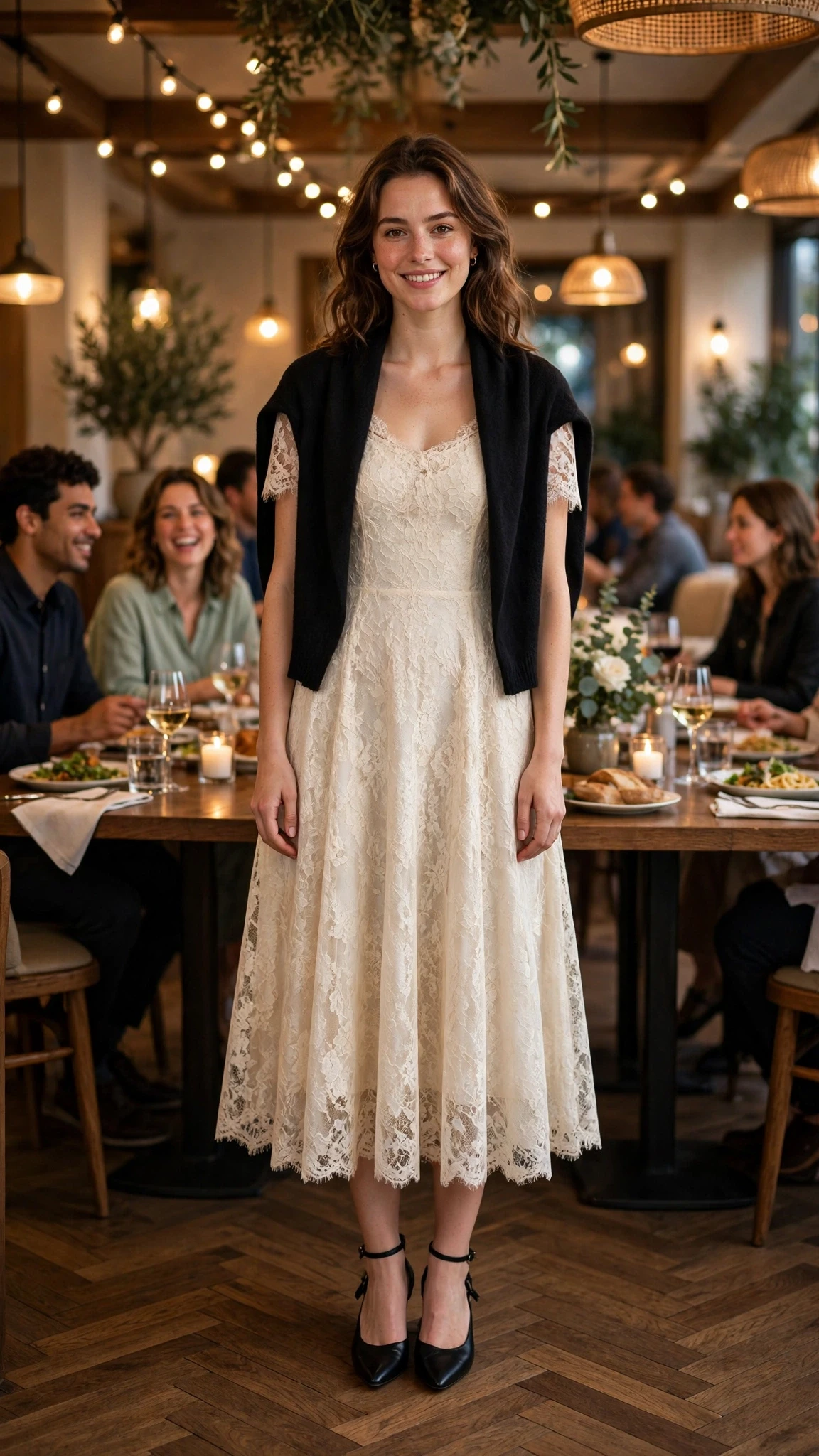 Cream Lace Fit-and-Flare Dress with a soft black shawl