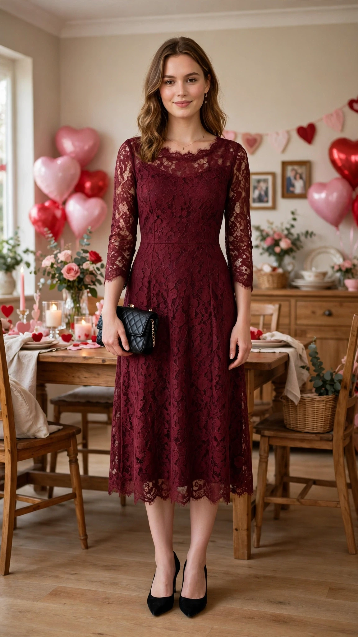 Burgundy Lace Tea-Length Dress with a small black clutch