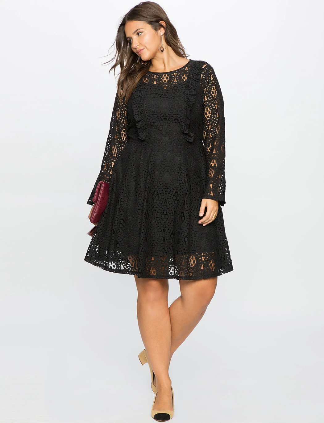 Black Lace Tea-Length Dress with a burgundy clutch