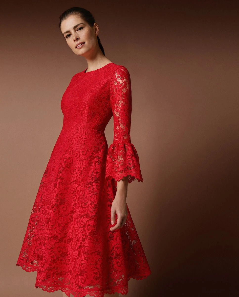 Red Lace Fit-and-Flare Dress with tan leather loafers