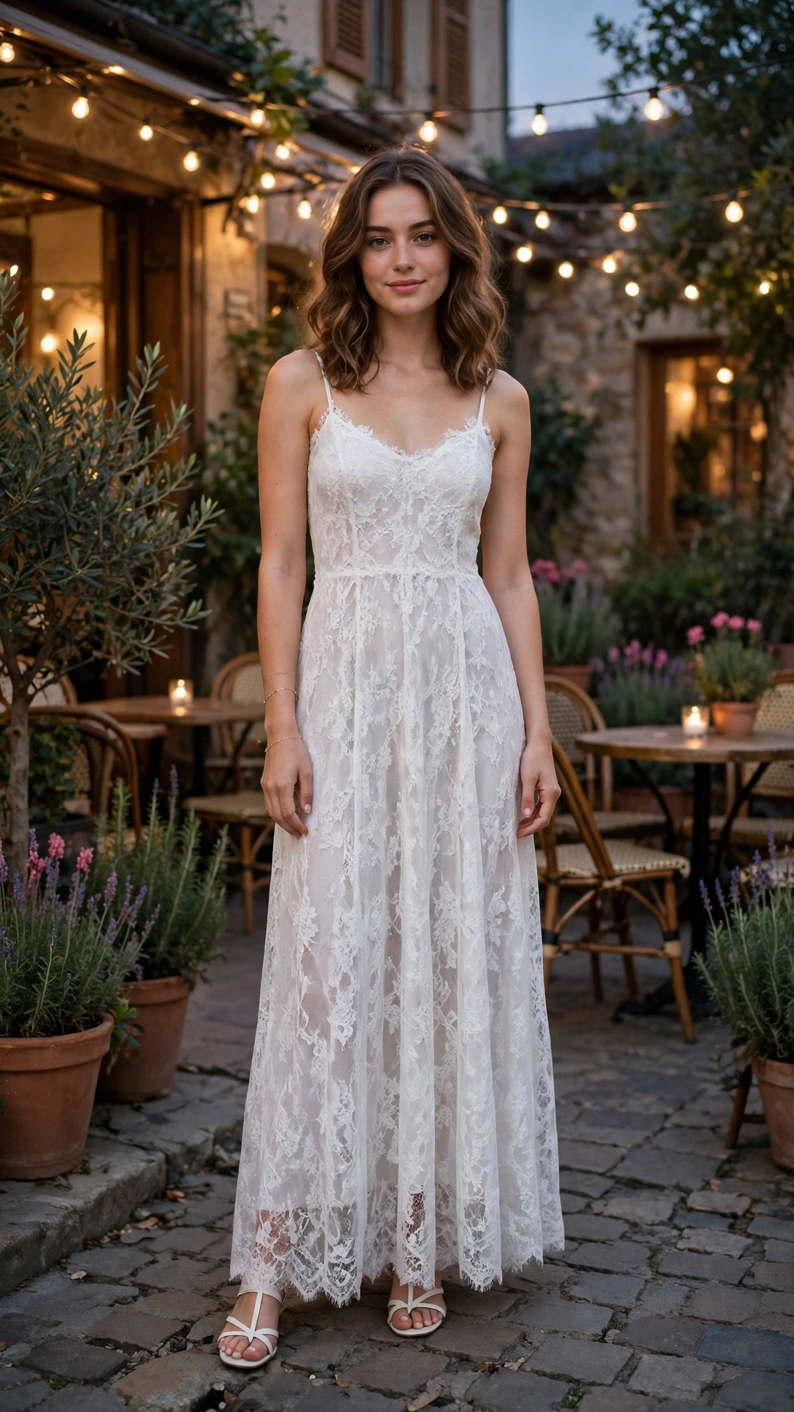 White Lace Maxi Dress with a delicate gold bracelet