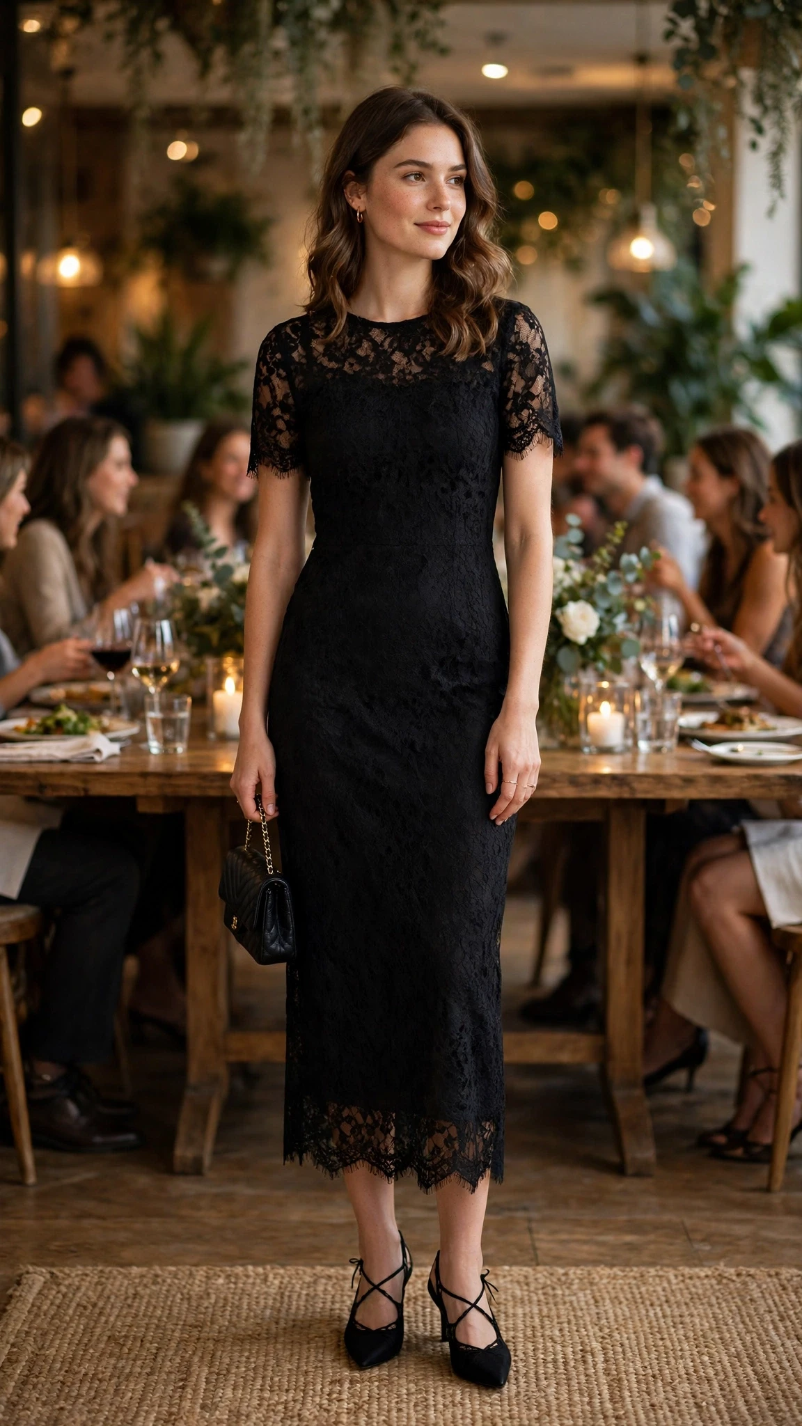 Black Lace Sheath Dress with a small black clutch