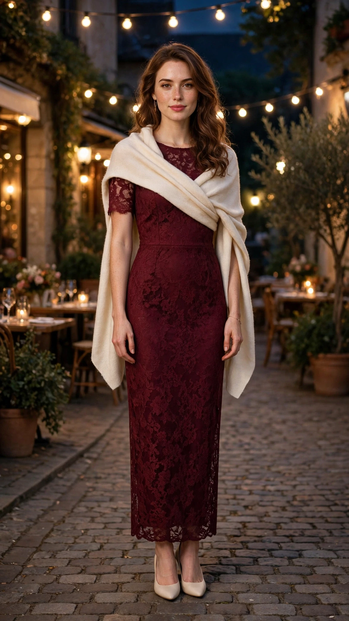 Burgundy Lace Sheath Dress with a cream wrap