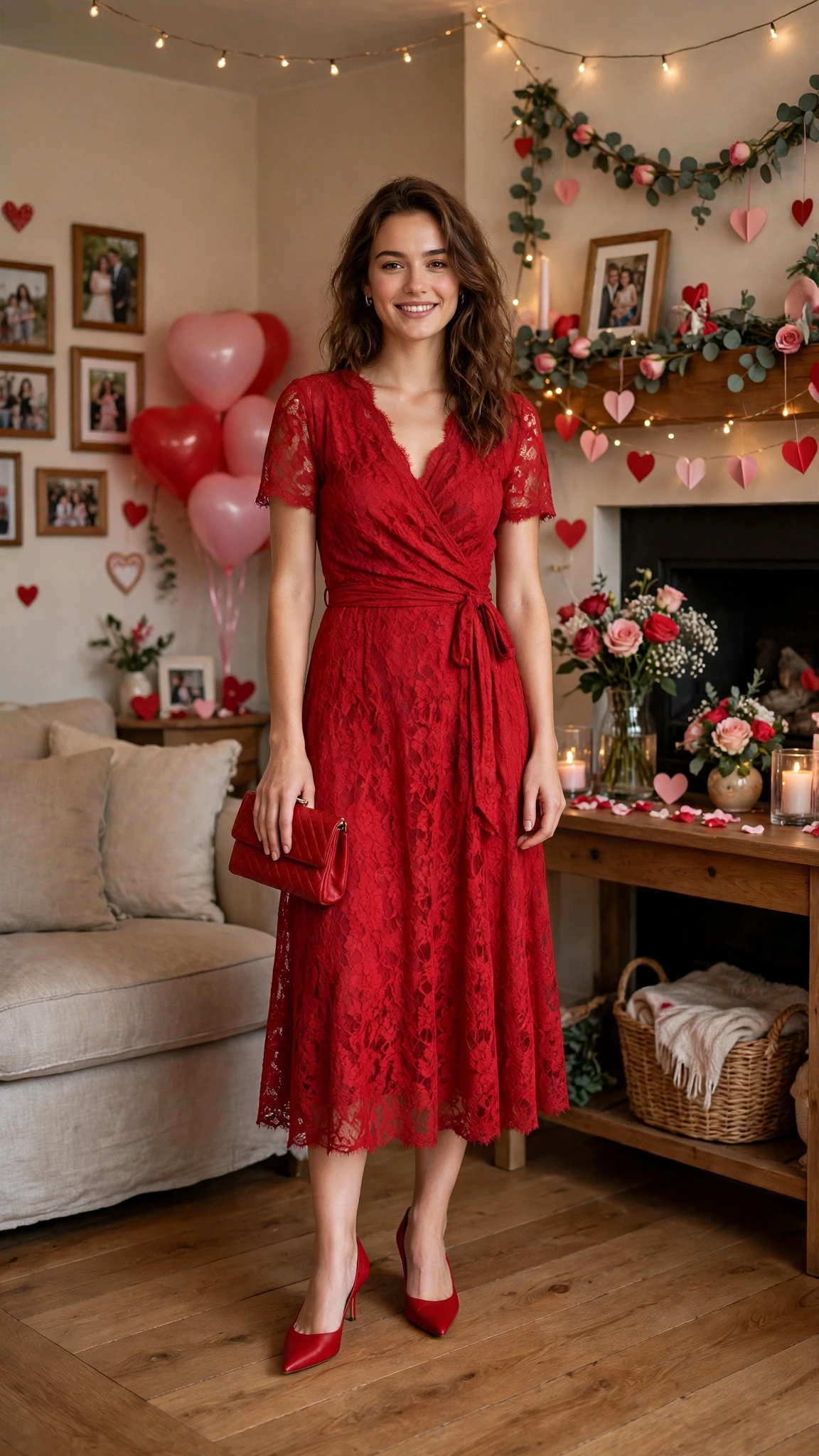 Red Lace Wrap Dress with a red clutch