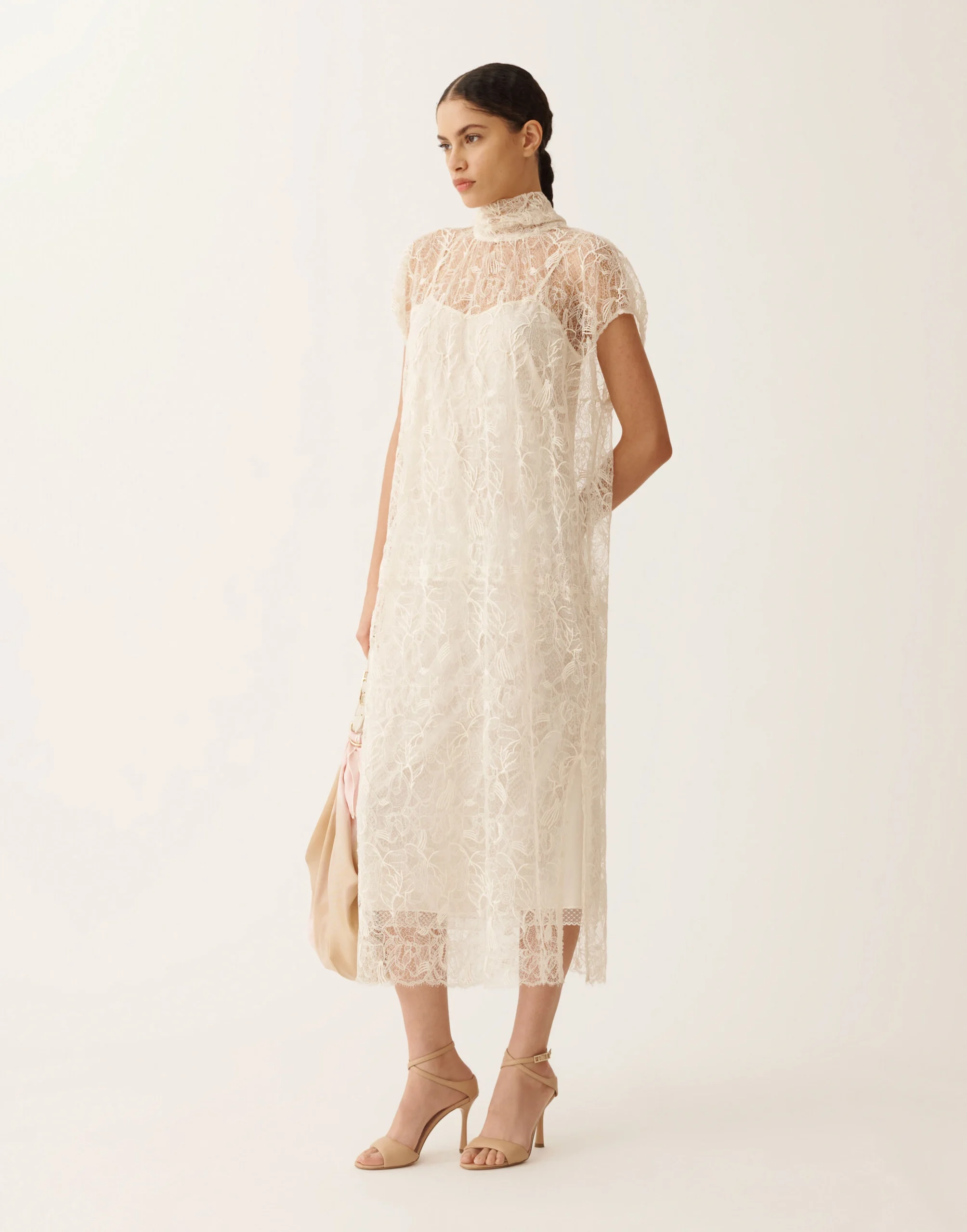 Cream Lace Maxi Dress with nude pointed flats