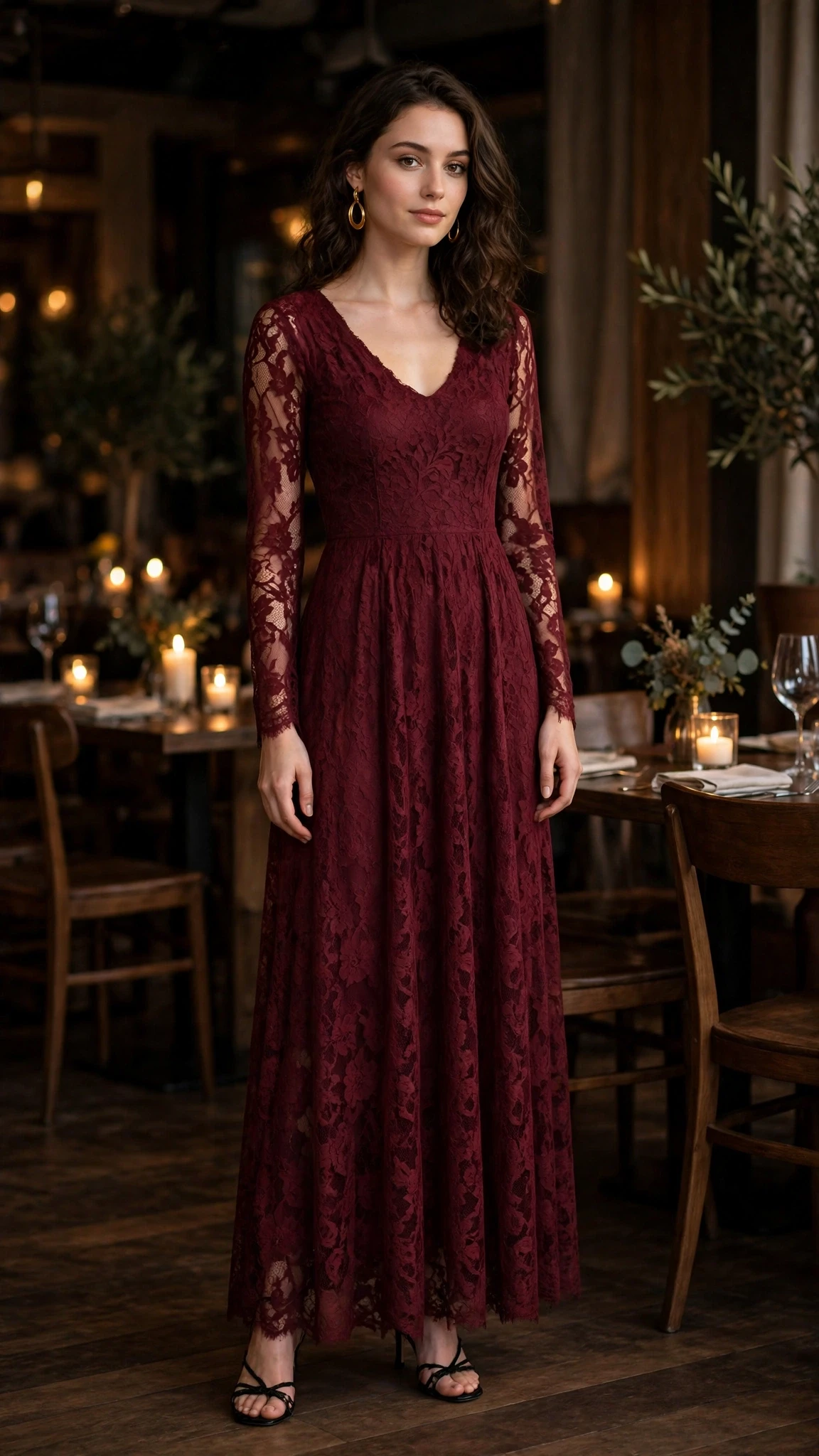 Burgundy Lace Maxi Dress with gold hoop earrings