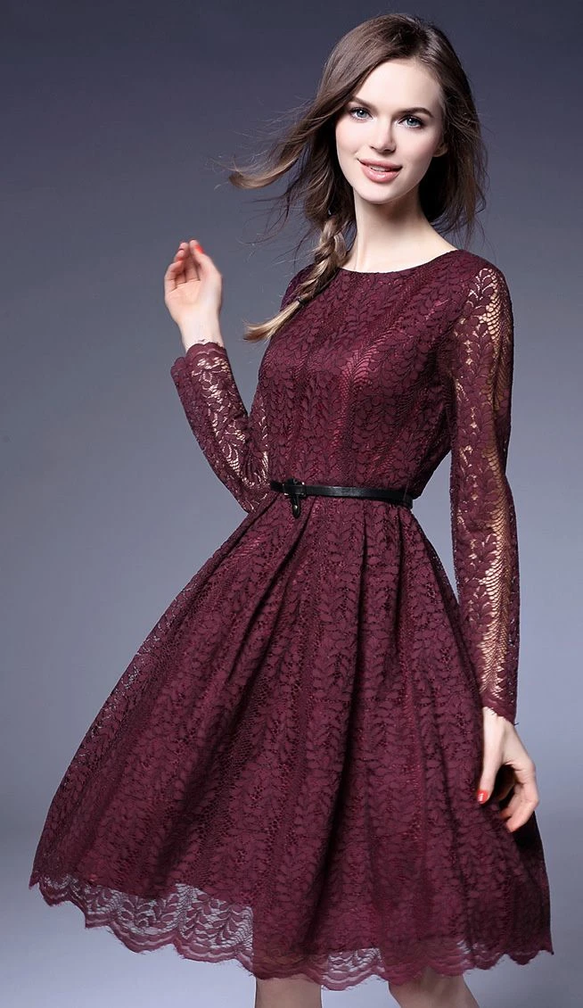 Burgundy Lace Tea-Length Dress with comfortable low heels