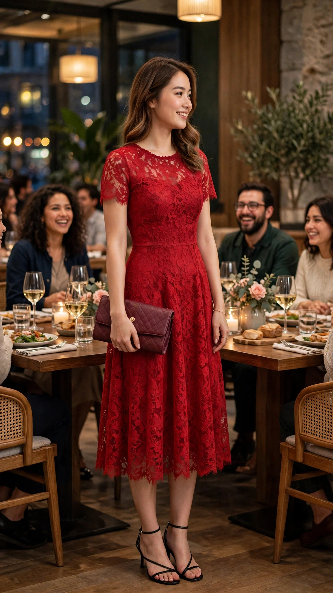 Red Lace Tea-Length Dress with a burgundy clutch