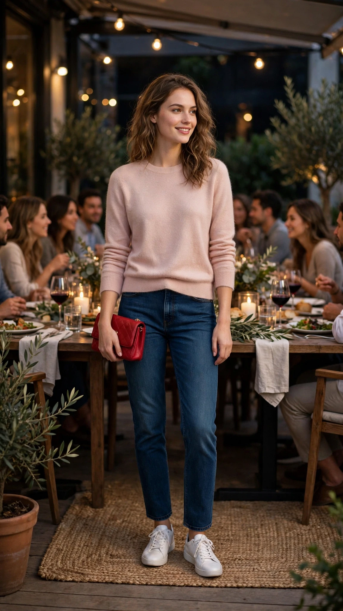 40 Women in Their 20s Pink Sweater Outfits for Valentine Weekends That Are Chic, Romantic and Elegant 6 Blush Pink Cashmere Sweater with a red clutch
