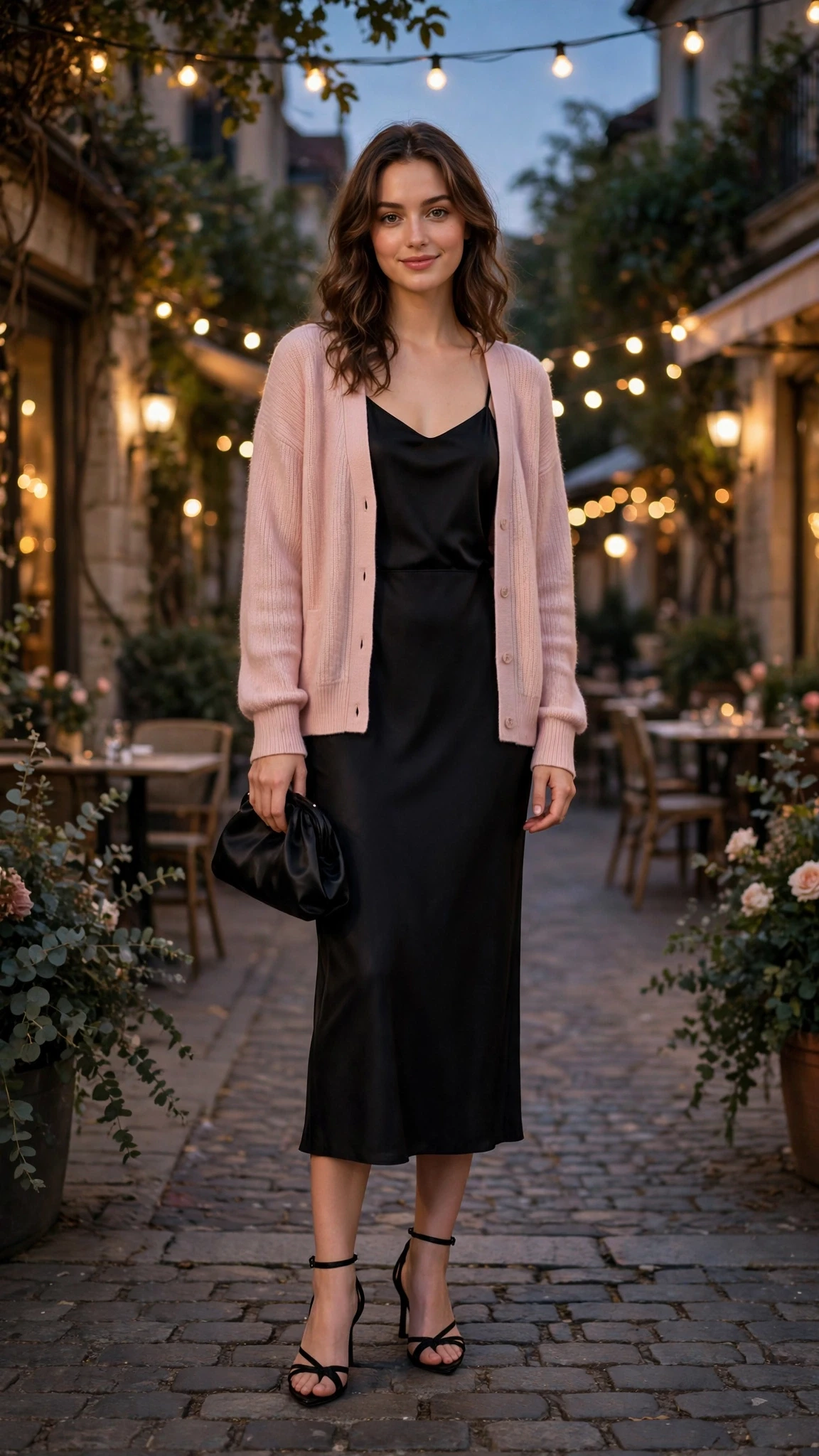 40 Women in Their 20s Pink Sweater Outfits for Valentine Weekends That Are Chic, Romantic and Elegant 7 Blush Pink Cardigan with a black satin clutch