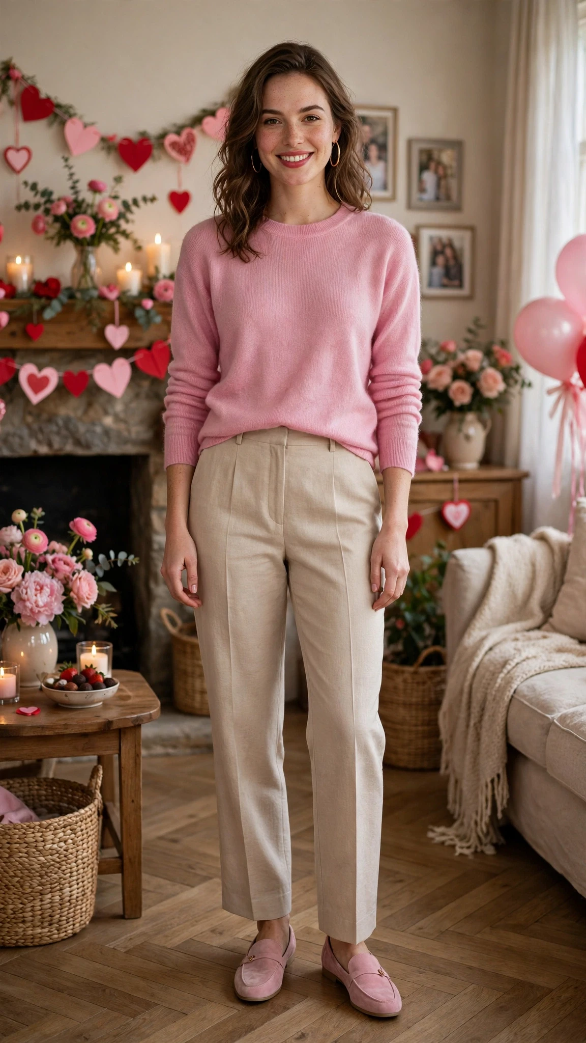 40 Women in Their 20s Pink Sweater Outfits for Valentine Weekends That Are Chic, Romantic and Elegant 8 Pink Cashmere Sweater with gold hoop earrings