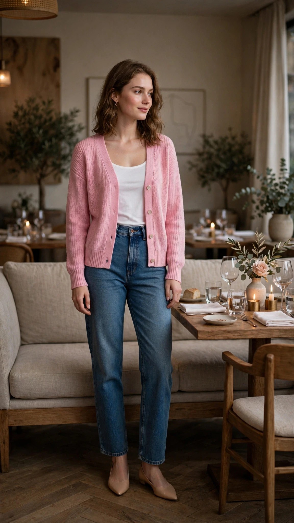 40 Women in Their 20s Pink Sweater Outfits for Valentine Weekends That Are Chic, Romantic and Elegant 9 Pink Cardigan with nude pointed flats