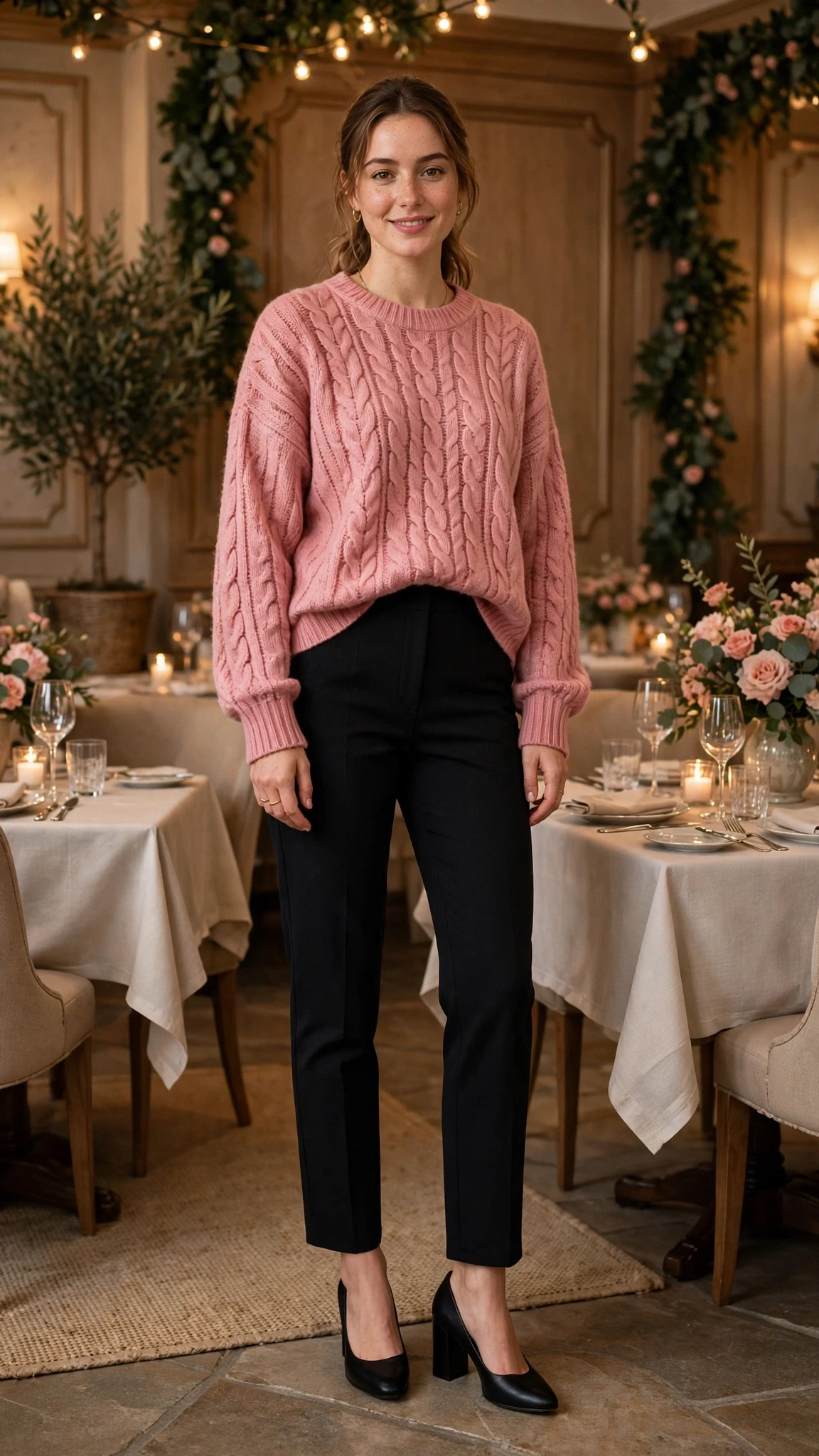 40 Women in Their 20s Pink Sweater Outfits for Valentine Weekends That Are Chic, Romantic and Elegant 13 Rose Pink Oversized Sweater with black block-heel pumps