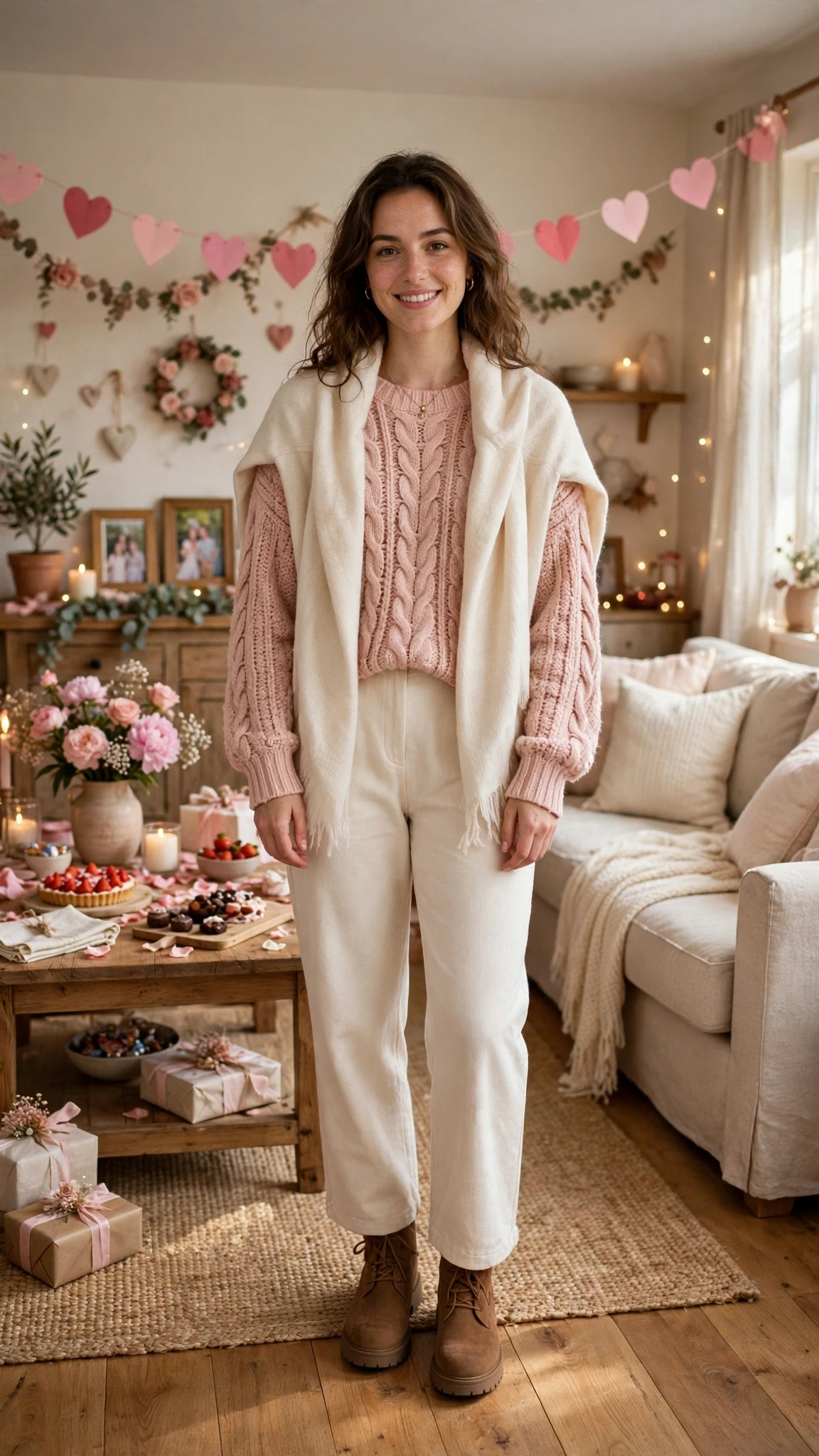 40 Women in Their 20s Pink Sweater Outfits for Valentine Weekends That Are Chic, Romantic and Elegant 16 Blush Pink Chunky Knit Sweater with a cream wrap