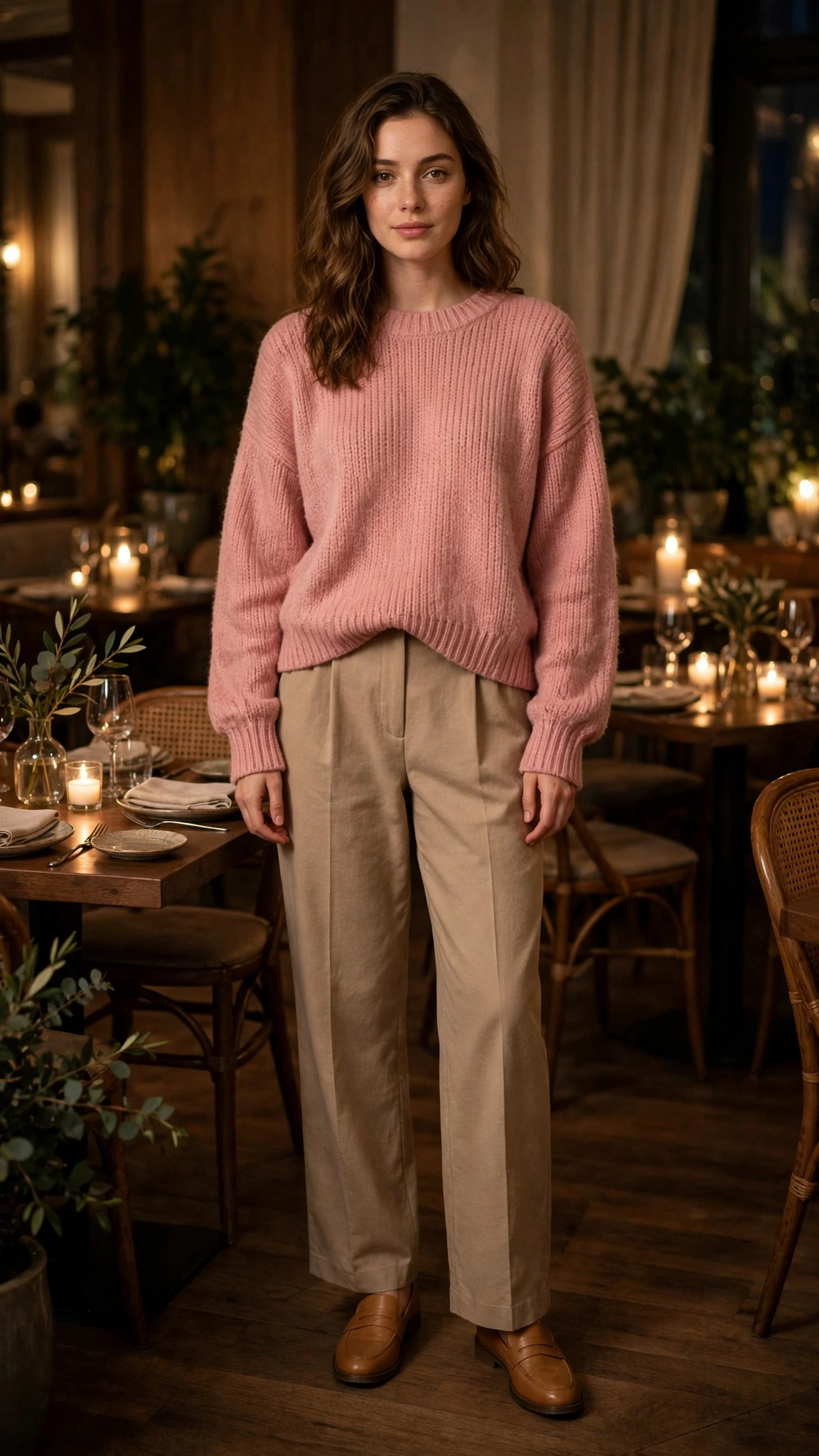 40 Women in Their 20s Pink Sweater Outfits for Valentine Weekends That Are Chic, Romantic and Elegant 18 Rose Pink Oversized Sweater with tan leather loafers