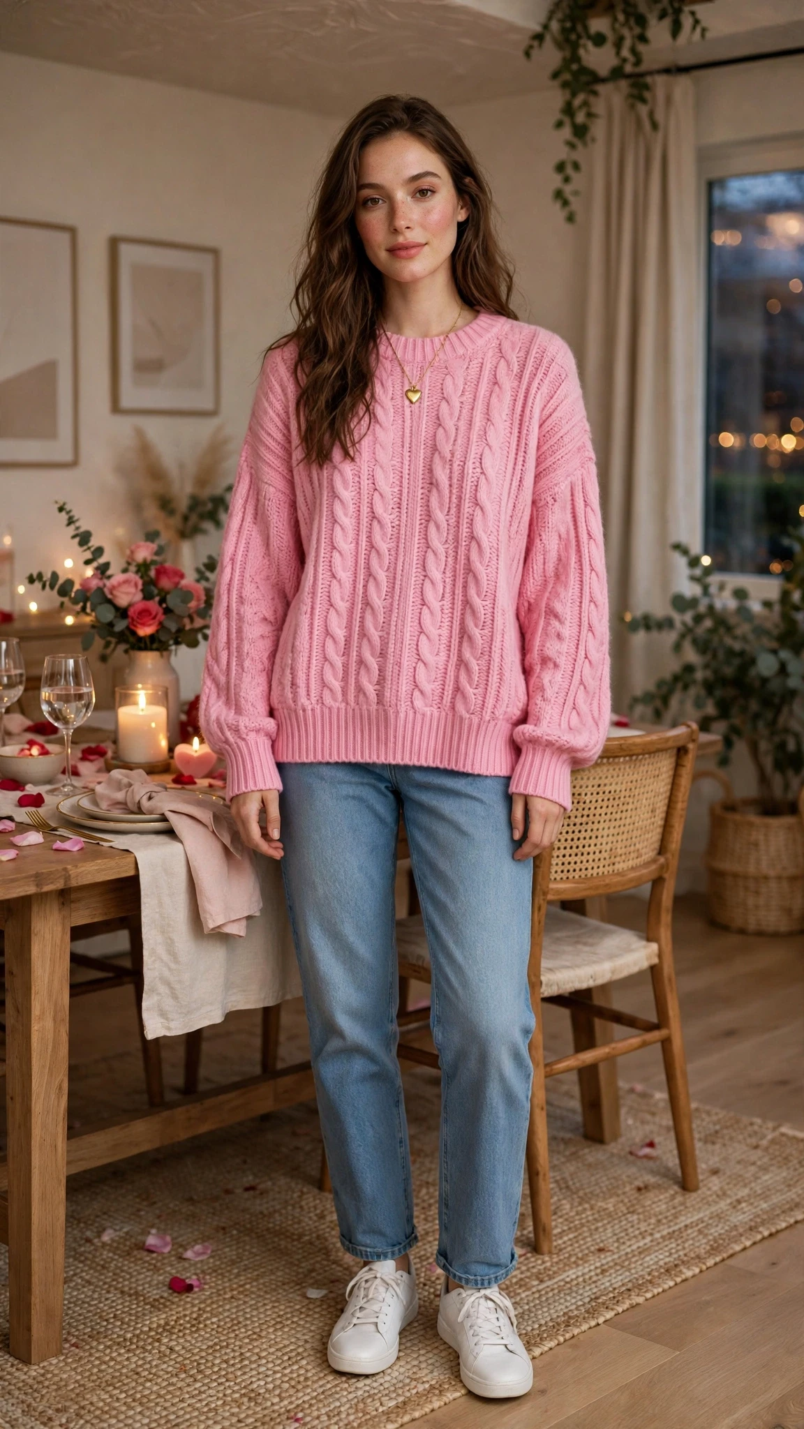 40 Women in Their 20s Pink Sweater Outfits for Valentine Weekends That Are Chic, Romantic and Elegant 19 Bubblegum Pink Oversized Sweater with a gold pendant necklace