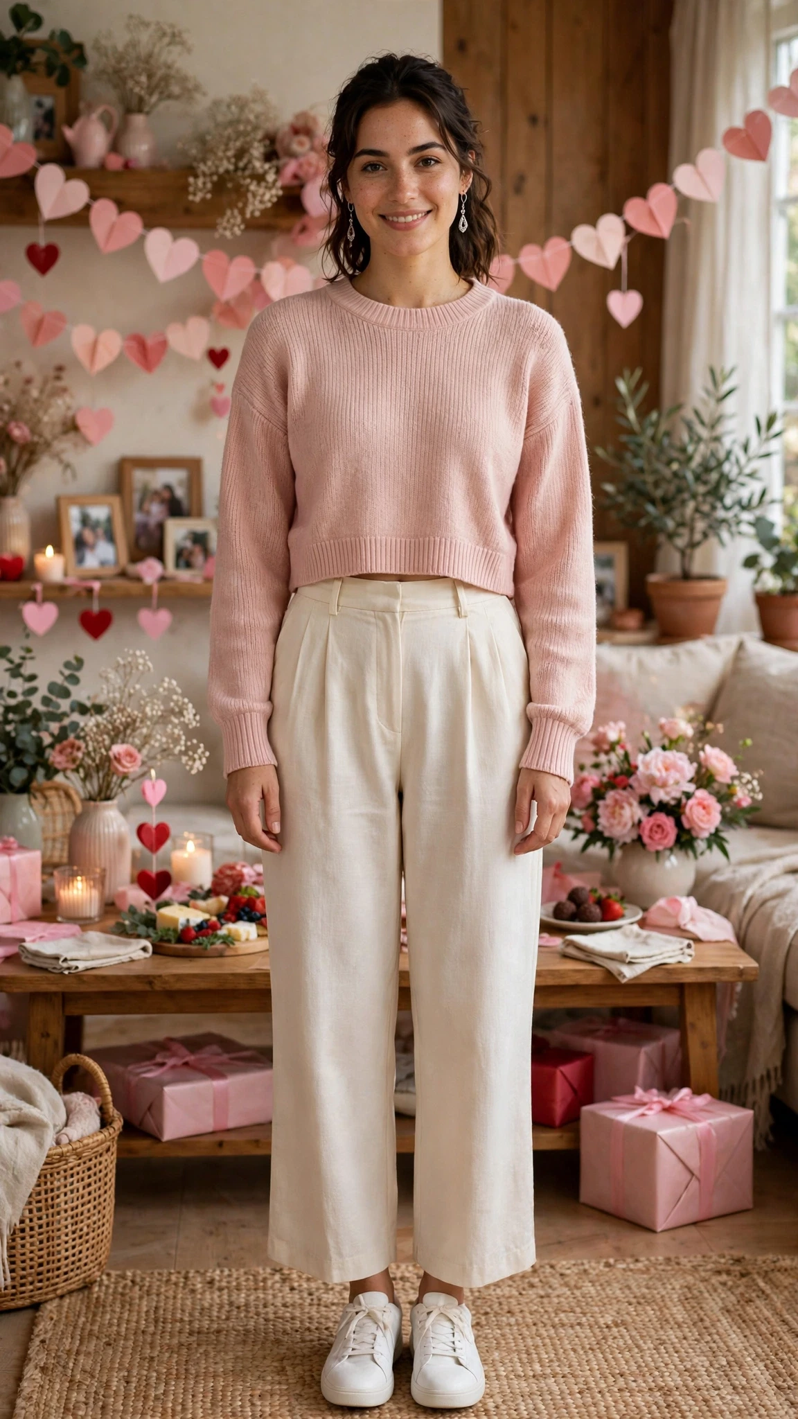 40 Women in Their 20s Pink Sweater Outfits for Valentine Weekends That Are Chic, Romantic and Elegant 24 Blush Pink Cropped Sweater with silver drop earrings