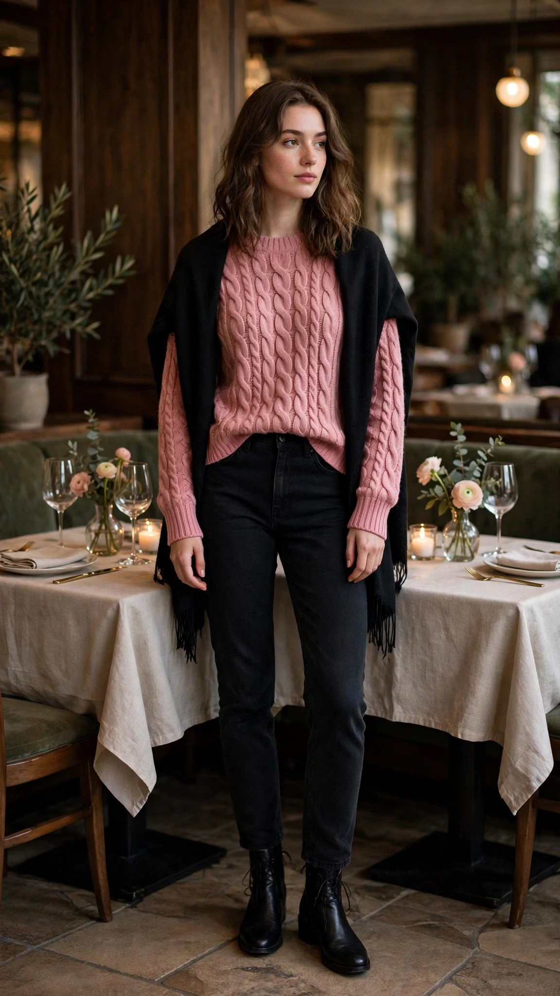 40 Women in Their 20s Pink Sweater Outfits for Valentine Weekends That Are Chic, Romantic and Elegant 25 Rose Pink Cable-Knit Sweater with a soft black shawl