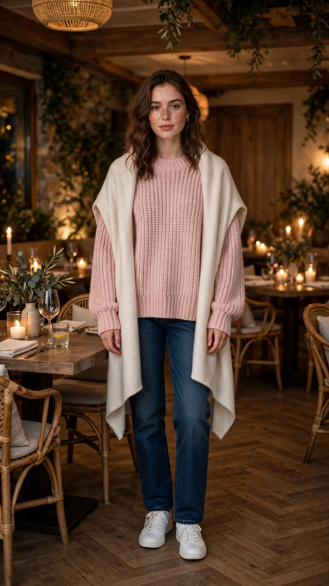40 Women in Their 20s Pink Sweater Outfits for Valentine Weekends That Are Chic, Romantic and Elegant 26 Blush Pink Oversized Sweater with a cream wrap