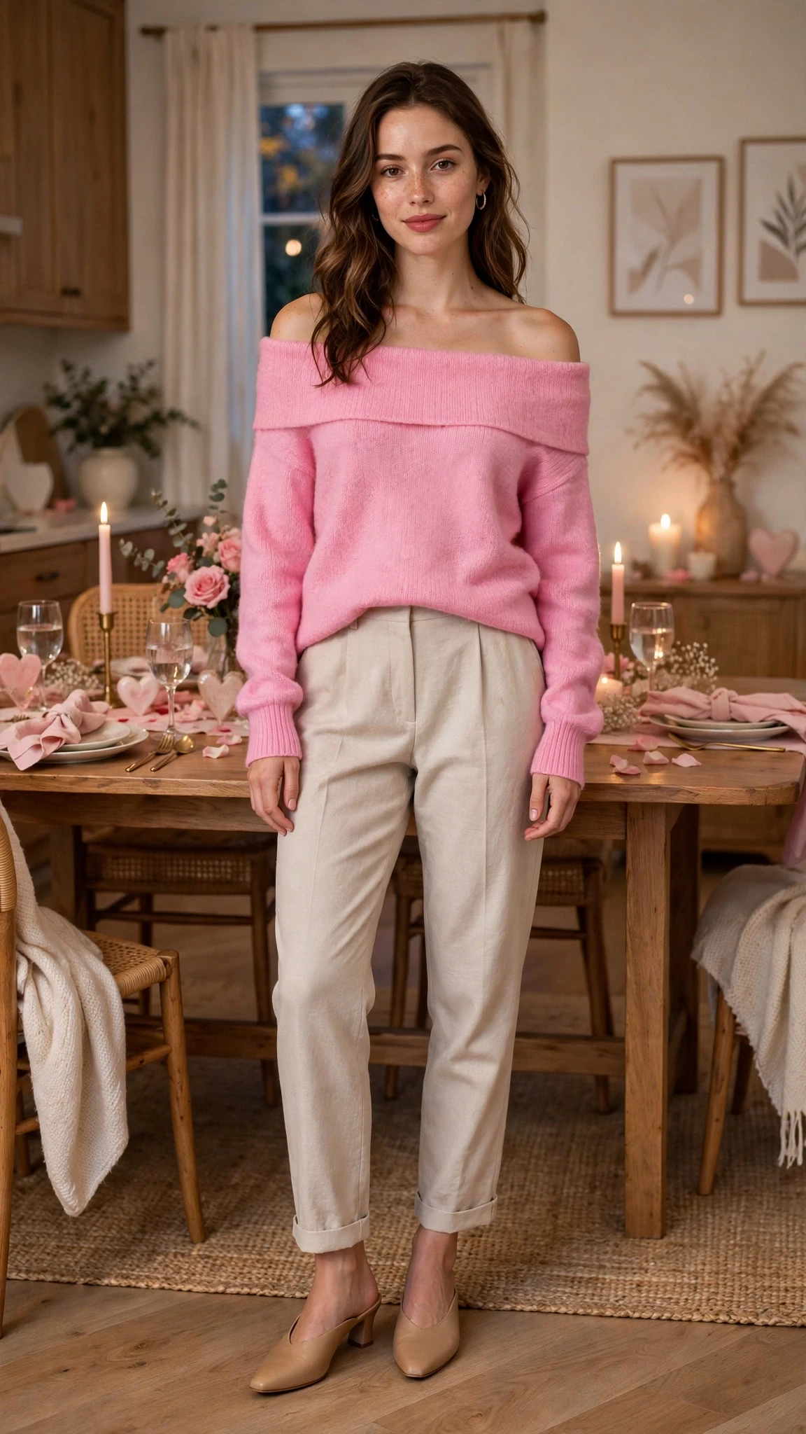 40 Women in Their 20s Pink Sweater Outfits for Valentine Weekends That Are Chic, Romantic and Elegant 27 Bubblegum Pink Off-Shoulder Sweater with comfortable low heels
