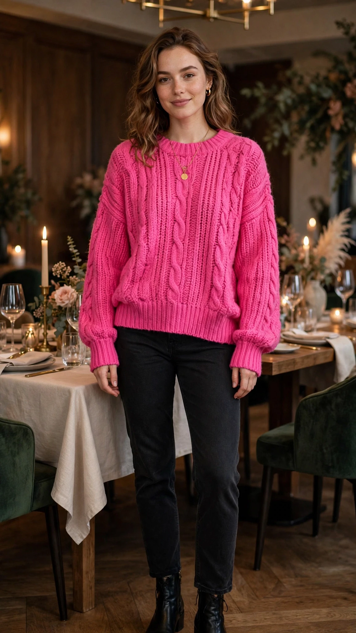 40 Women in Their 20s Pink Sweater Outfits for Valentine Weekends That Are Chic, Romantic and Elegant 29 Hot Pink Oversized Sweater with a gold pendant necklace