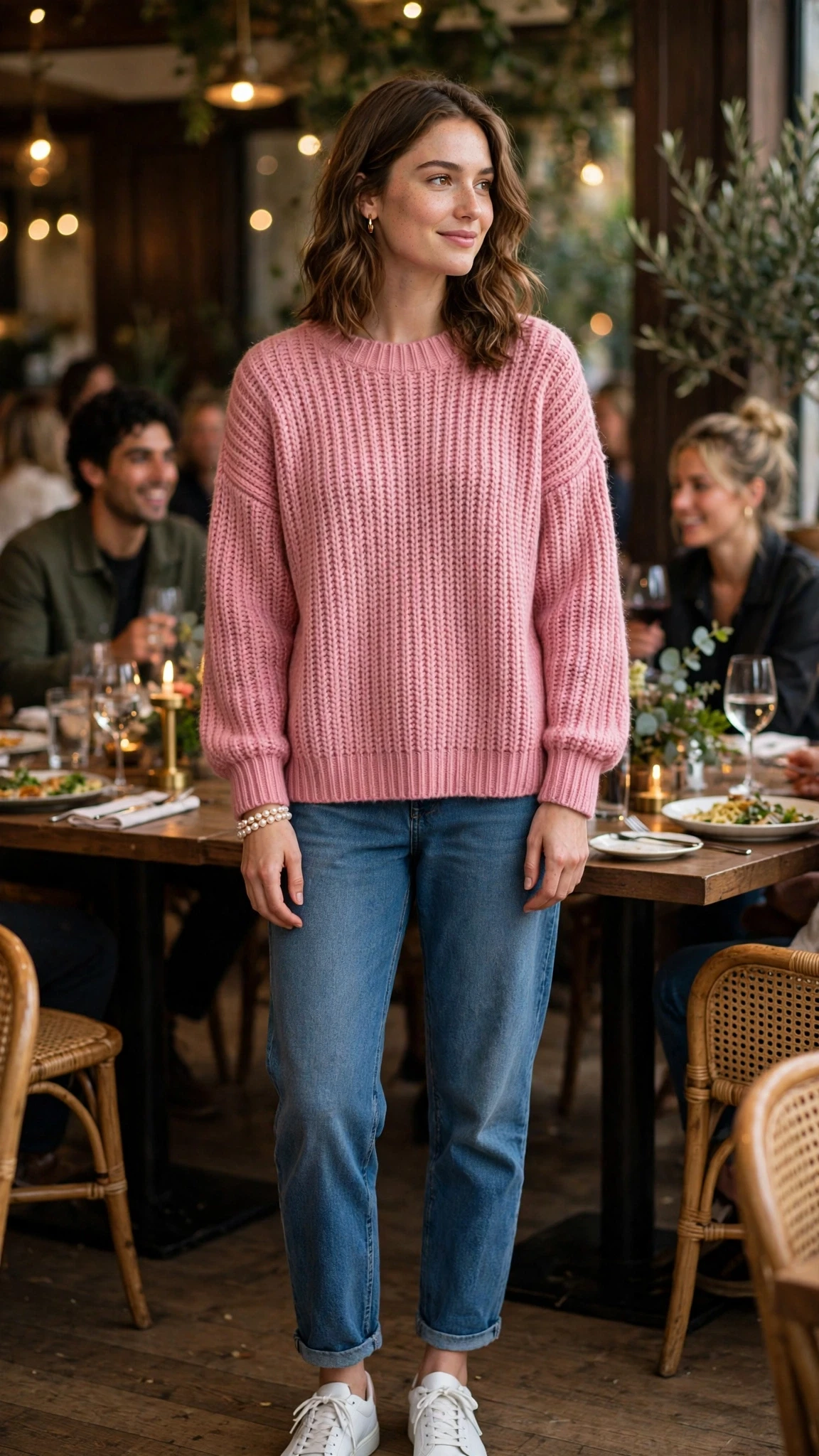40 Women in Their 20s Pink Sweater Outfits for Valentine Weekends That Are Chic, Romantic and Elegant 30 Rose Pink Oversized Sweater with a pearl bracelet