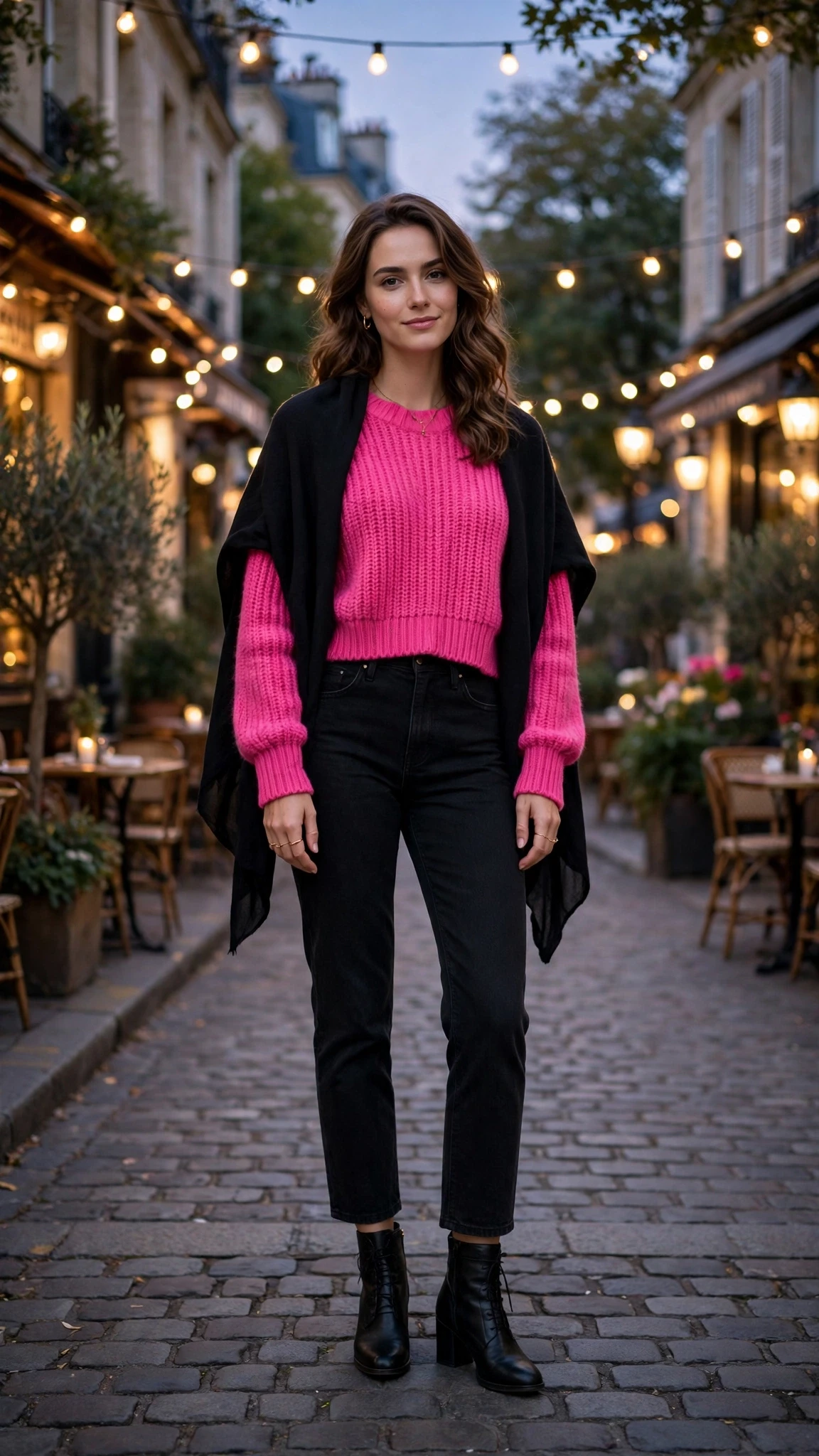 40 Women in Their 20s Pink Sweater Outfits for Valentine Weekends That Are Chic, Romantic and Elegant 31 Hot Pink Cropped Sweater with a soft black shawl
