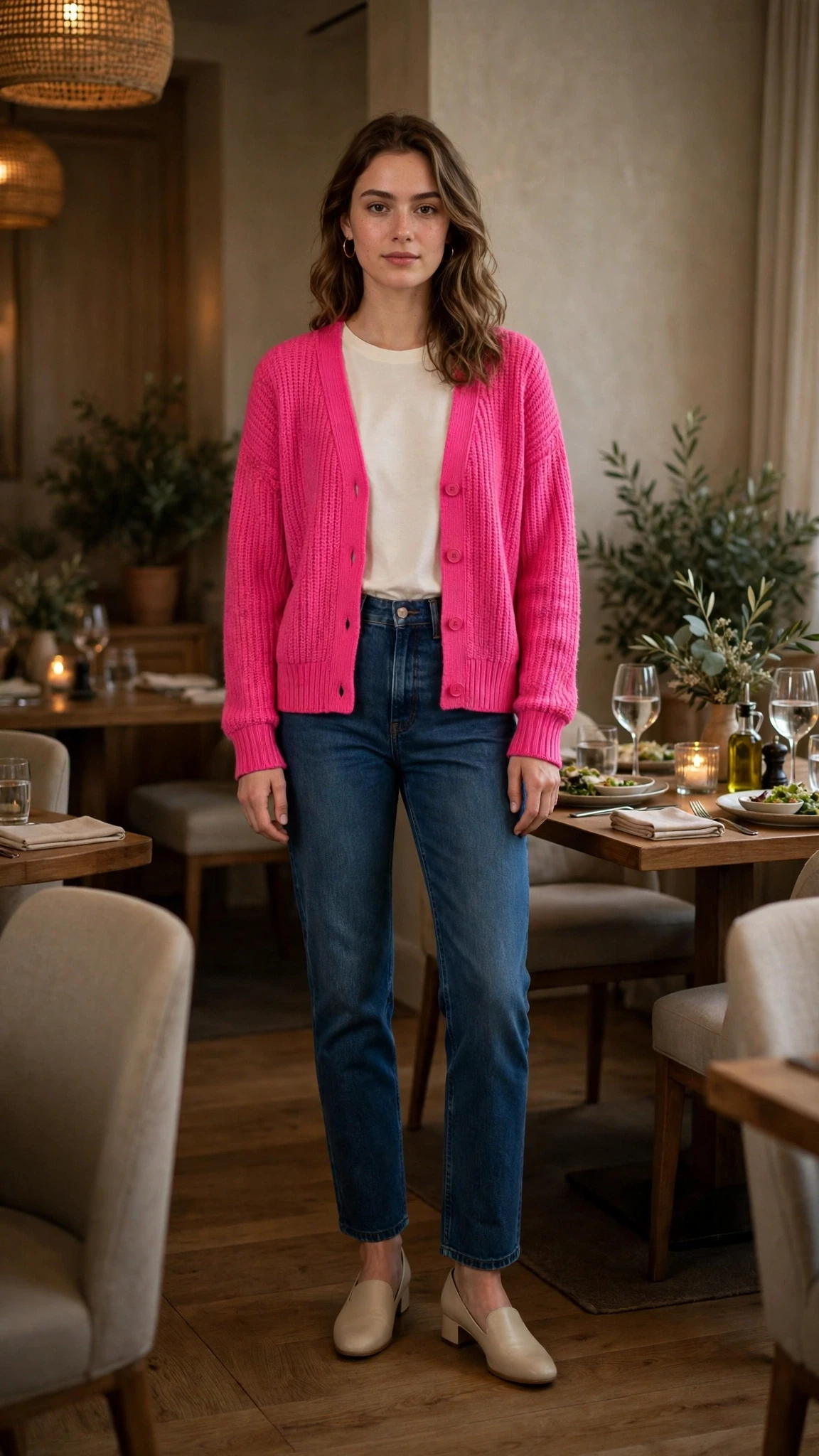 40 Women in Their 20s Pink Sweater Outfits for Valentine Weekends That Are Chic, Romantic and Elegant 33 Hot Pink Cardigan with comfortable low heels