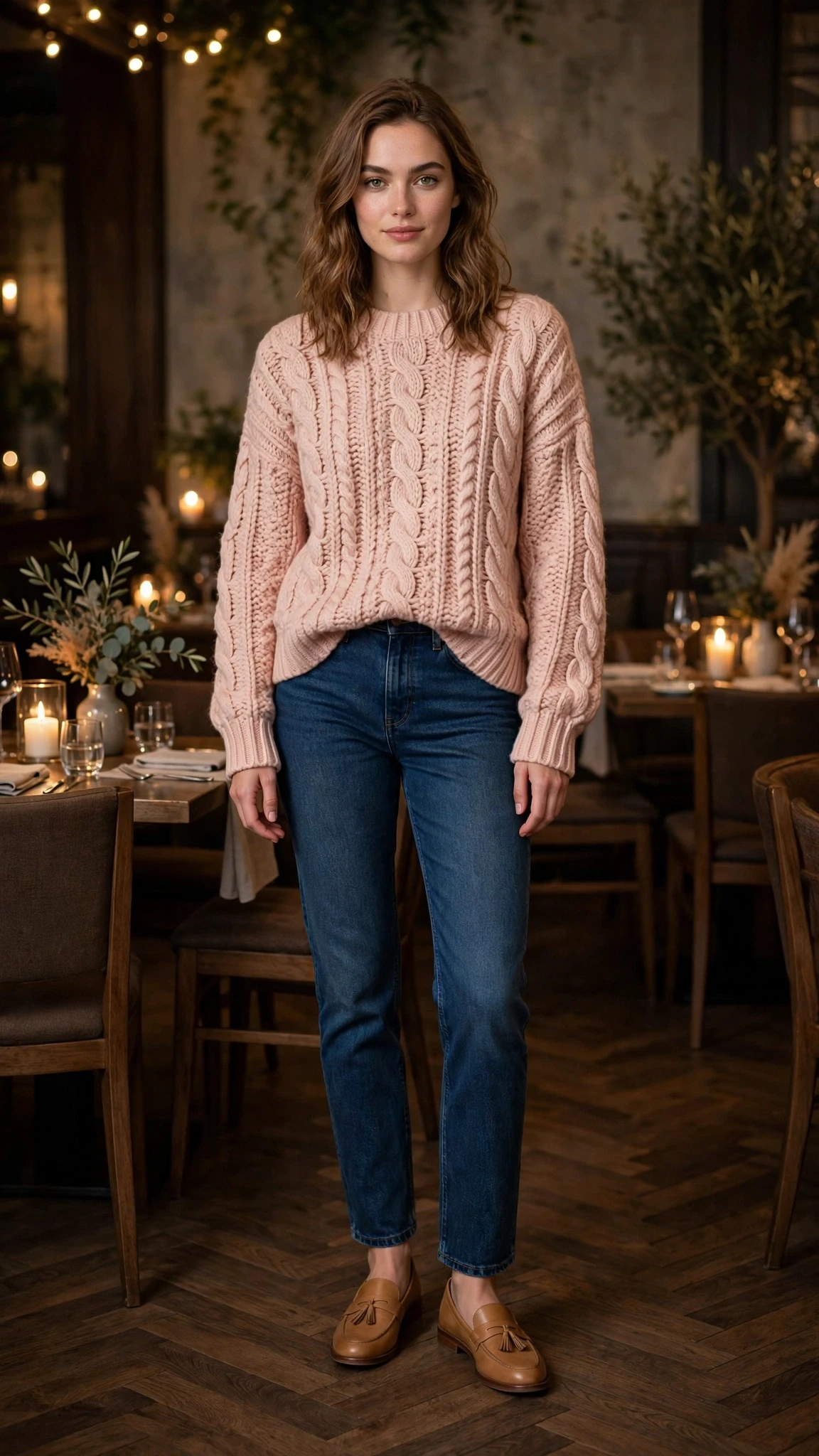 40 Women in Their 20s Pink Sweater Outfits for Valentine Weekends That Are Chic, Romantic and Elegant 34 Blush Pink Chunky Knit Sweater with tan leather loafers