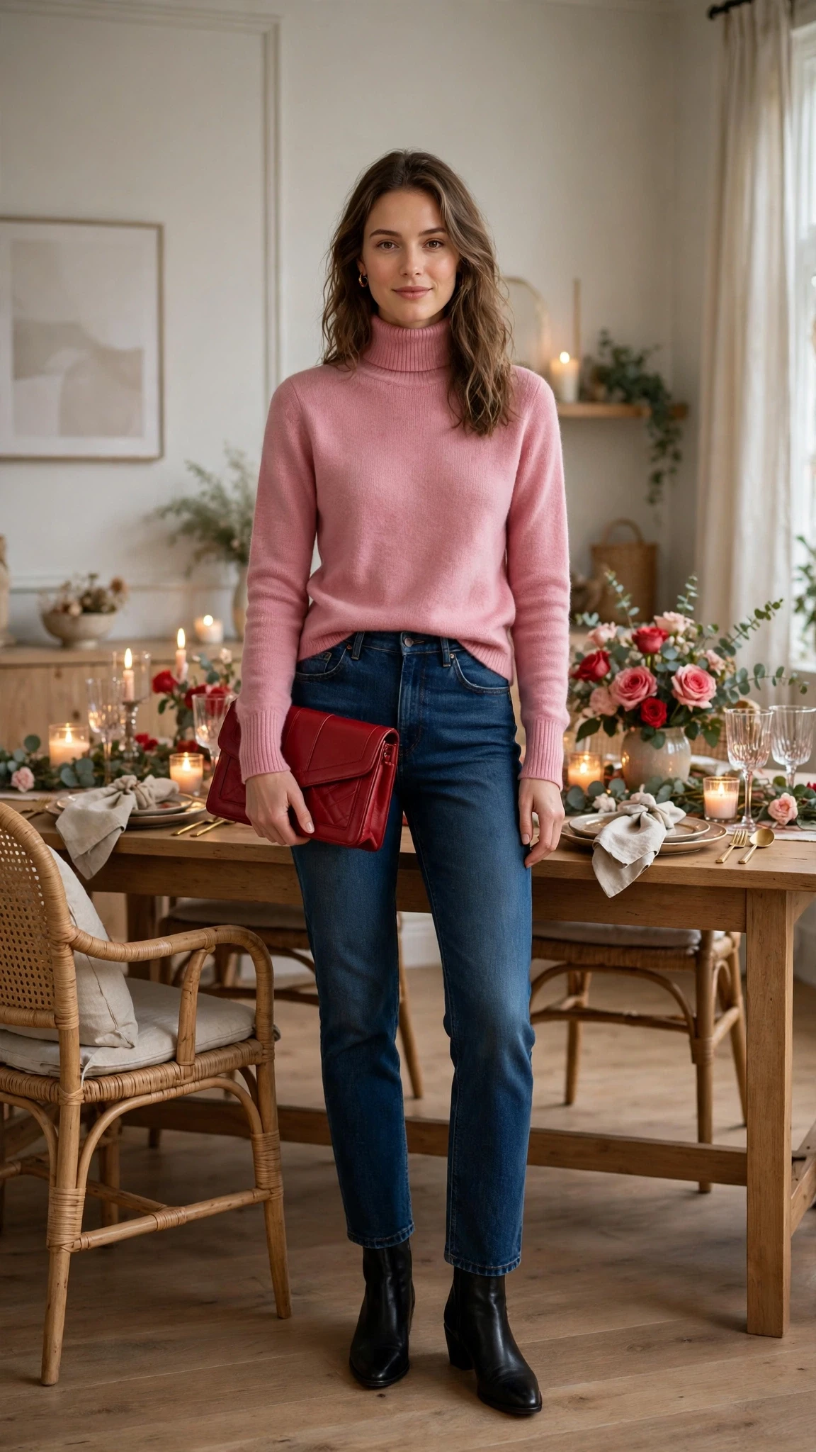 40 Women in Their 20s Pink Sweater Outfits for Valentine Weekends That Are Chic, Romantic and Elegant 35 Rose Pink Turtleneck Sweater with a red clutch
