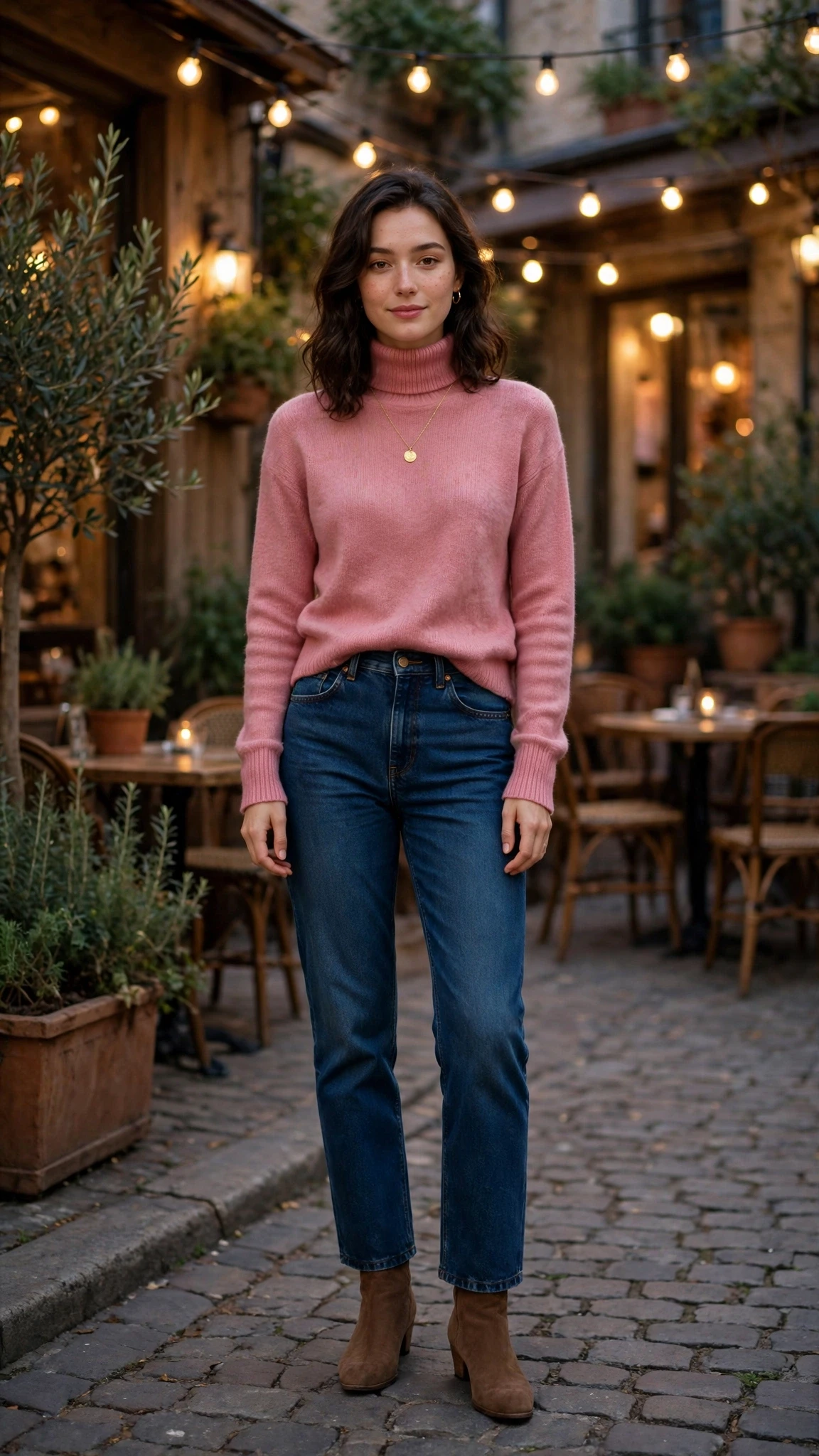 40 Women in Their 20s Pink Sweater Outfits for Valentine Weekends That Are Chic, Romantic and Elegant 36 Rose Pink Turtleneck Sweater with a gold pendant necklace