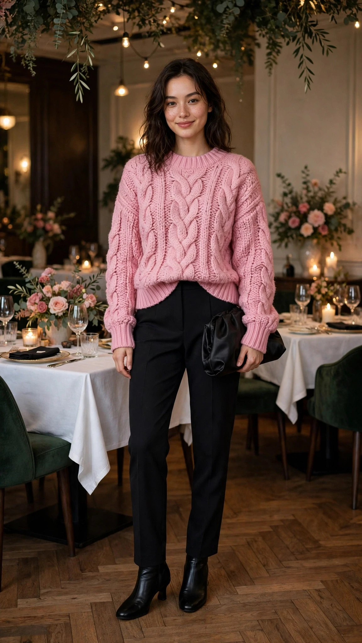 40 Women in Their 20s Pink Sweater Outfits for Valentine Weekends That Are Chic, Romantic and Elegant 37 Pink Chunky Knit Sweater with a black satin clutch