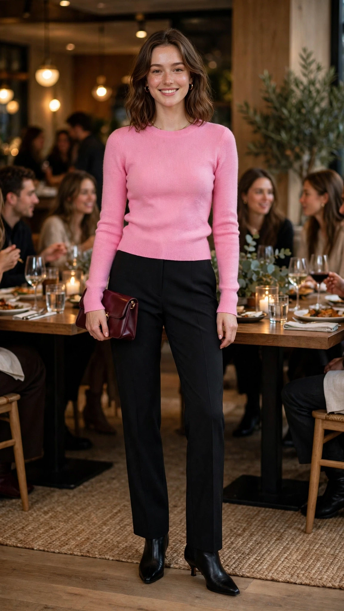 40 Women in Their 20s Pink Sweater Outfits for Valentine Weekends That Are Chic, Romantic and Elegant 38 Bubblegum Pink Fitted Sweater with a burgundy clutch