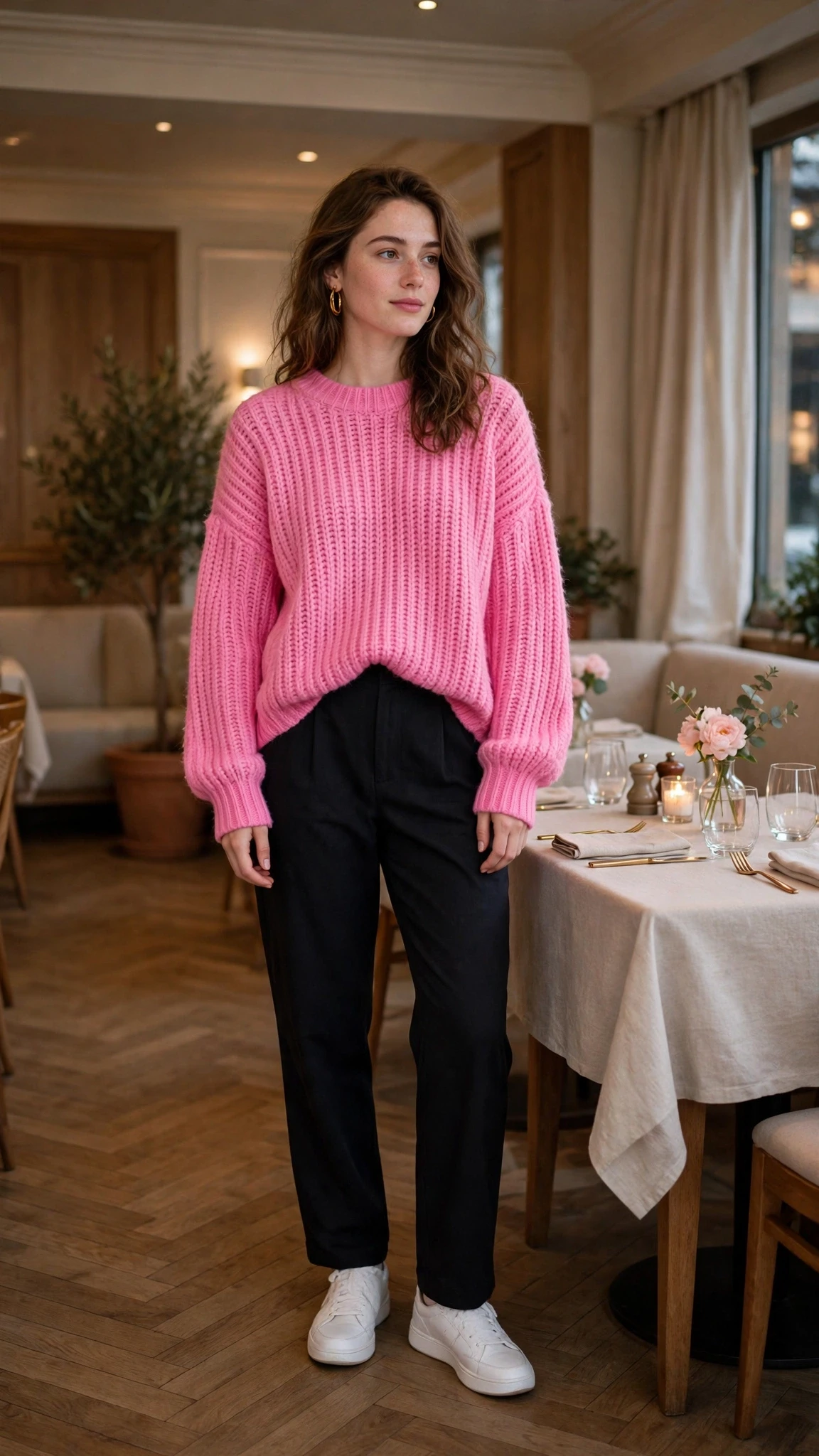 40 Women in Their 20s Pink Sweater Outfits for Valentine Weekends That Are Chic, Romantic and Elegant 41 Bubblegum Pink Oversized Sweater with gold hoop earrings