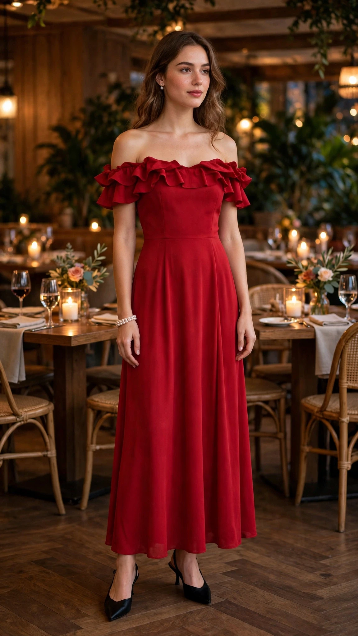 Cherry Off-Shoulder Dress with a pearl bracelet
