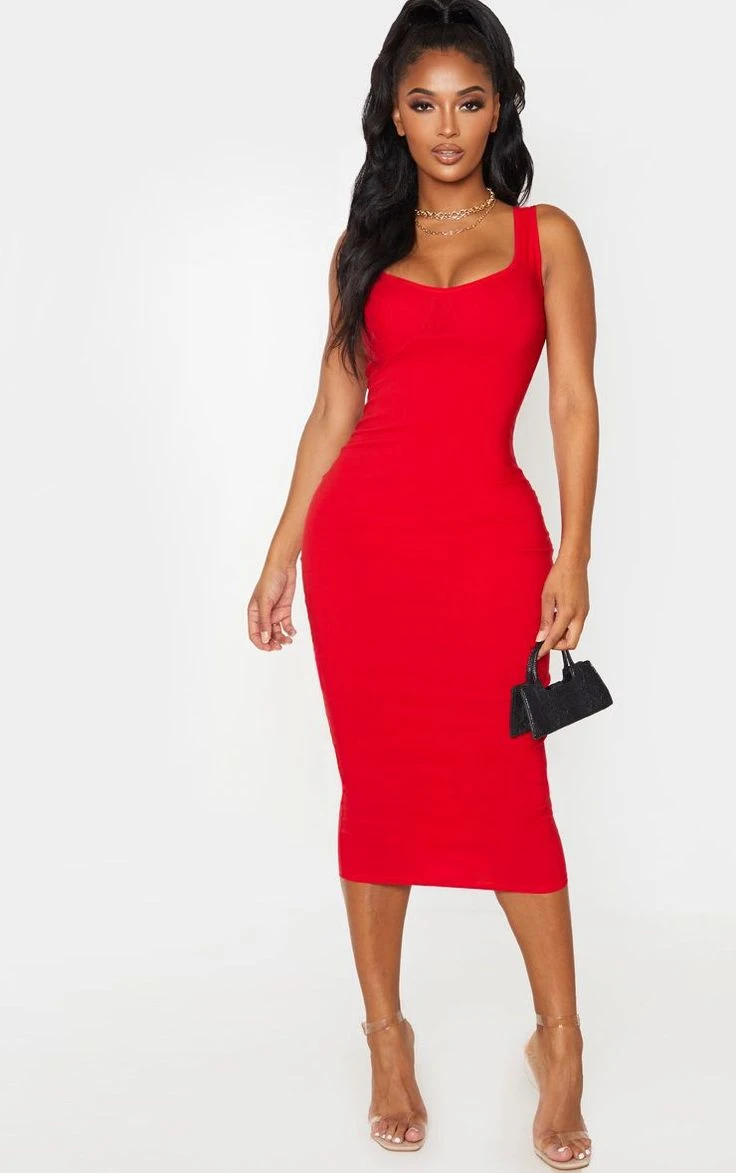 Ruby Bodycon Midi Dress with a small black clutch