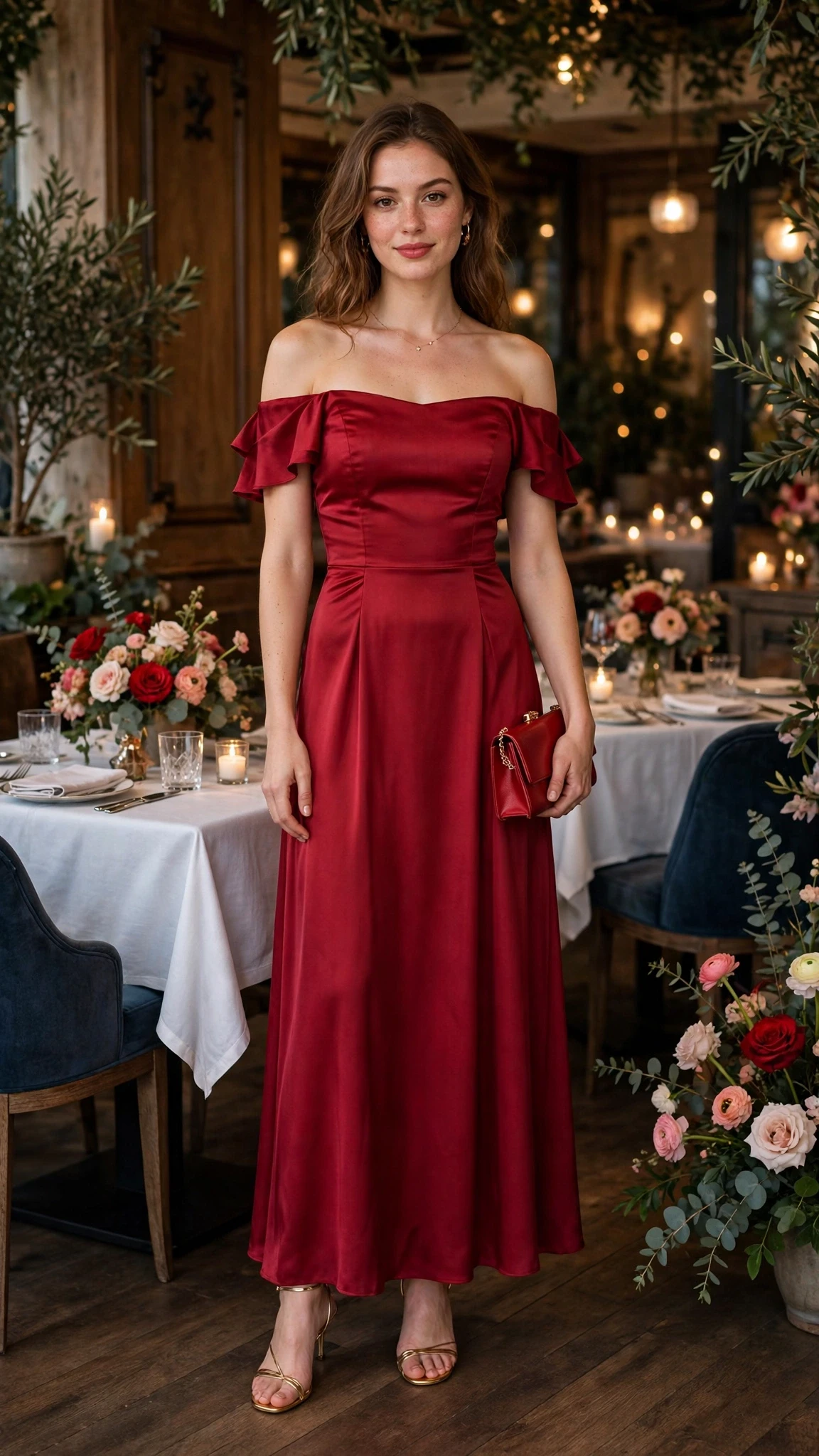 Crimson Off-Shoulder Dress with a red clutch