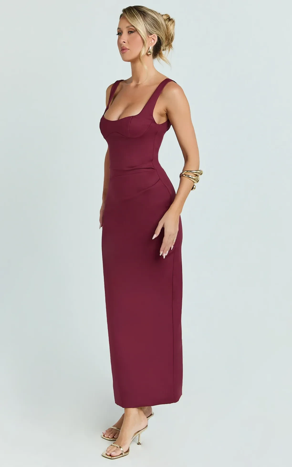 Wine A-Line Dress with a delicate gold bracelet